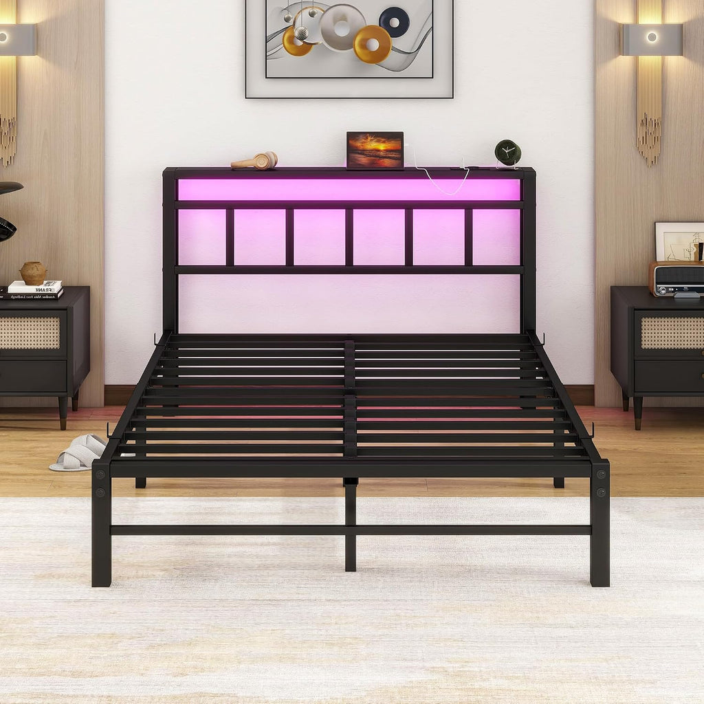 Full Size Bed Frame with Headboard,LED Light and Charging Station with Wood Shelves,Metal Platform Bed with Heavy Duty Slats Support,No Box Spring Needed,Easy Assembly,Noise Free,Black