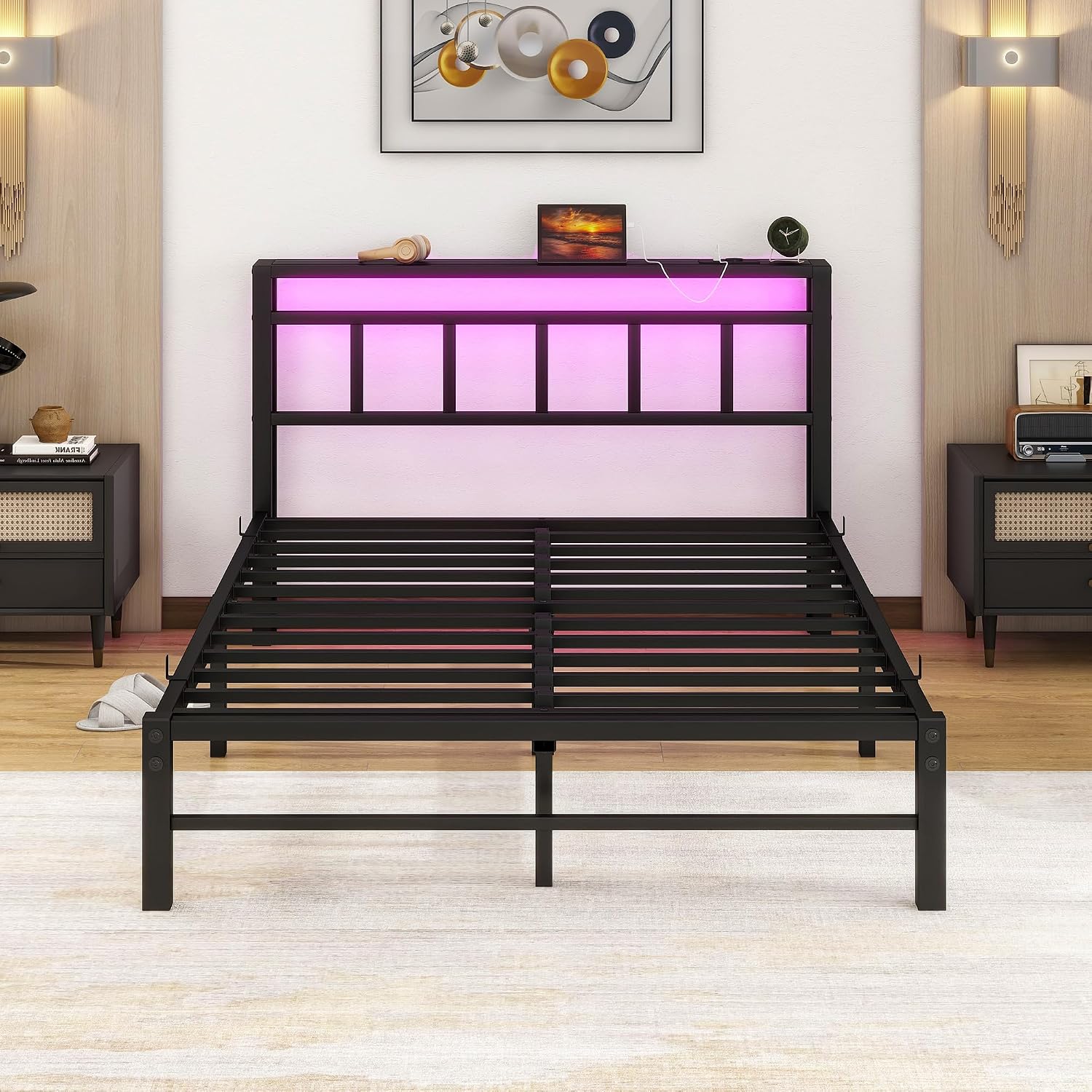 Full Size Bed Frame with Headboard,LED Light and Charging Station with Wood Shelves,Metal Platform Bed with Heavy Duty Slats Support,No Box Spring Needed,Easy Assembly,Noise Free,Black