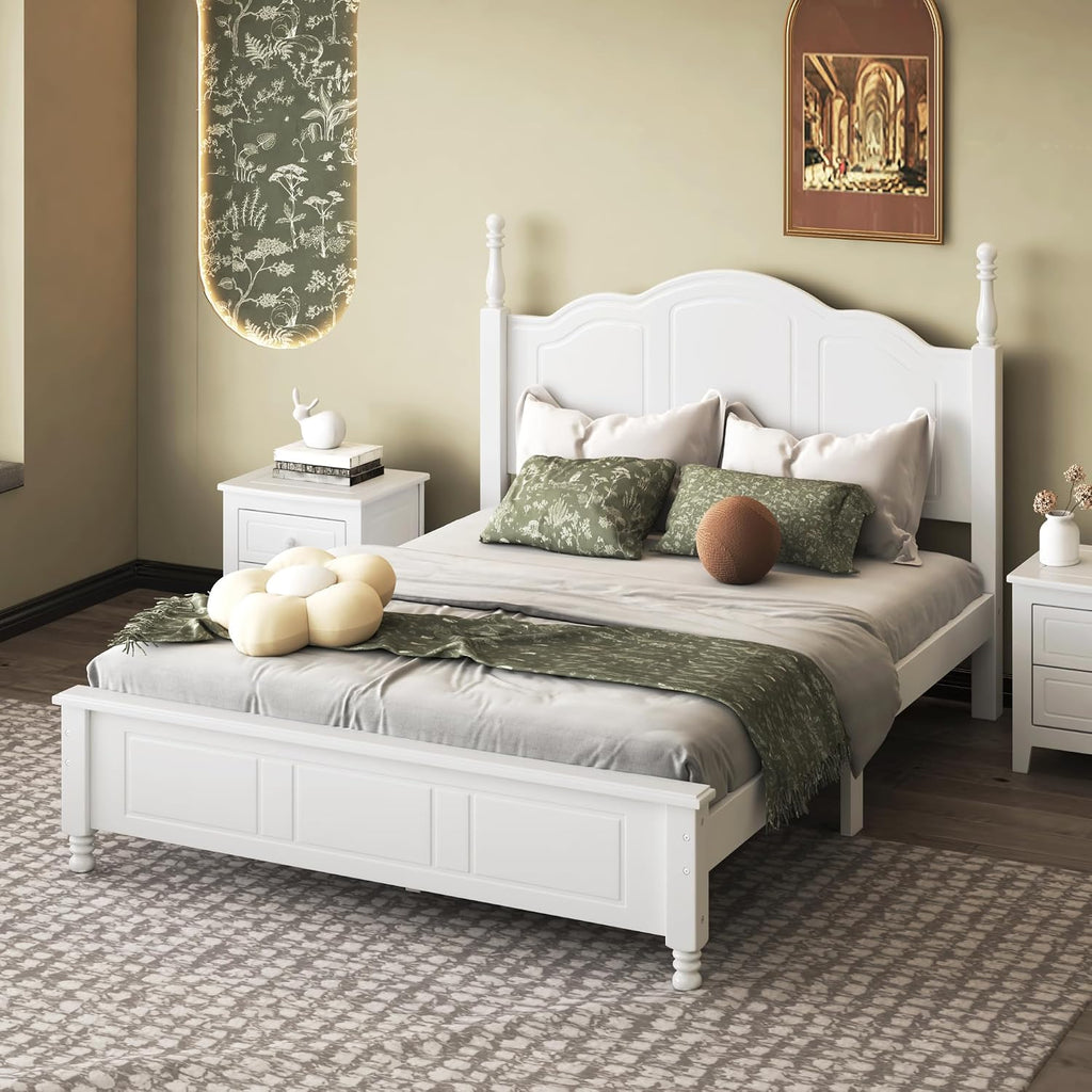 DEINPPA 3-Piece Bedroom Set, Wooden Bedroom Furniture Set Included Full Size Bed Frame and 2 Nightstands, Medieval Style-White