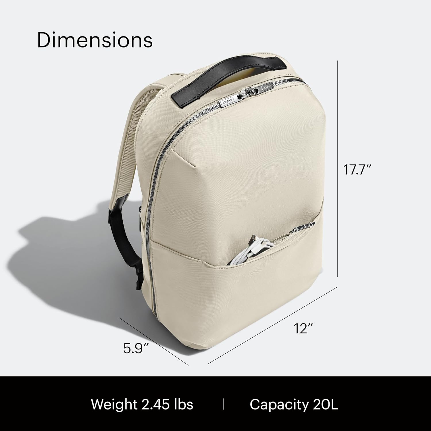 Away The Everywhere Zip Backpack - Personal Item Airline Approved Backpack with 16' Padded Laptop Sleeve, Water Bottle Pocket, Interior and Exterior Pockets - Fits Up to 16-Inch Laptops - Salt White