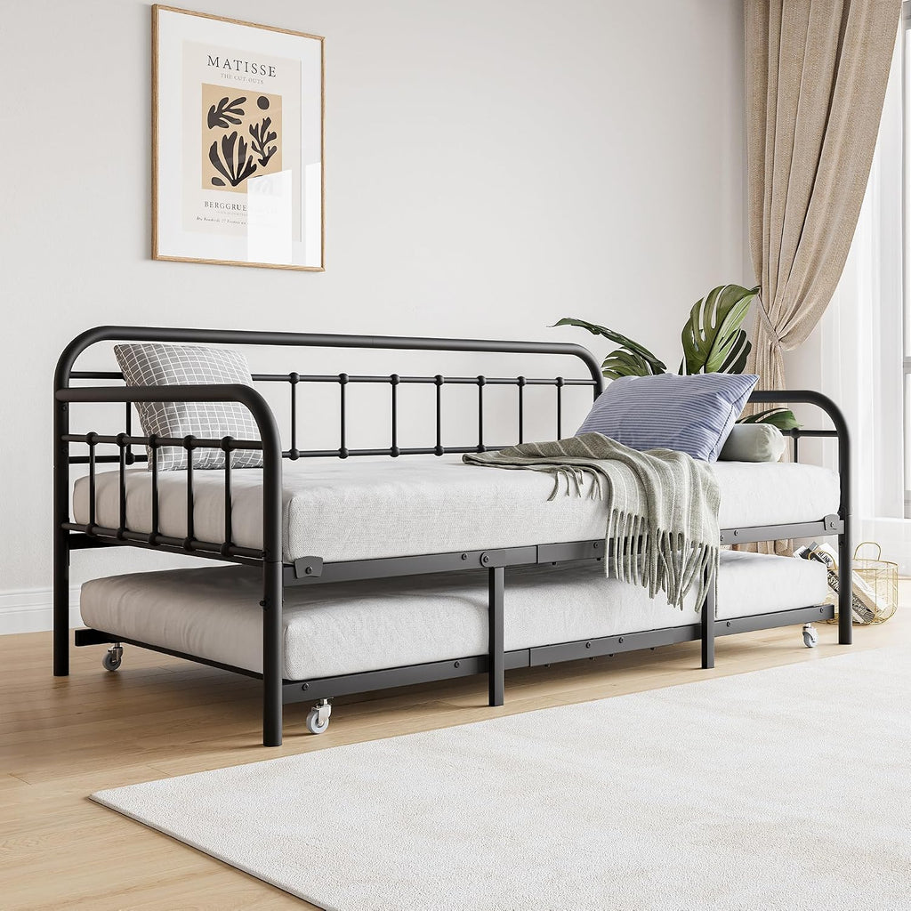 mikibama Twin Daybed with Trundle,Victorian Metal Daybeds with Pull Out Trundle,Vintage Guest Day Bed Frame Twin Size for Living Room,Bedroom,Apartment (Black with Trundle)