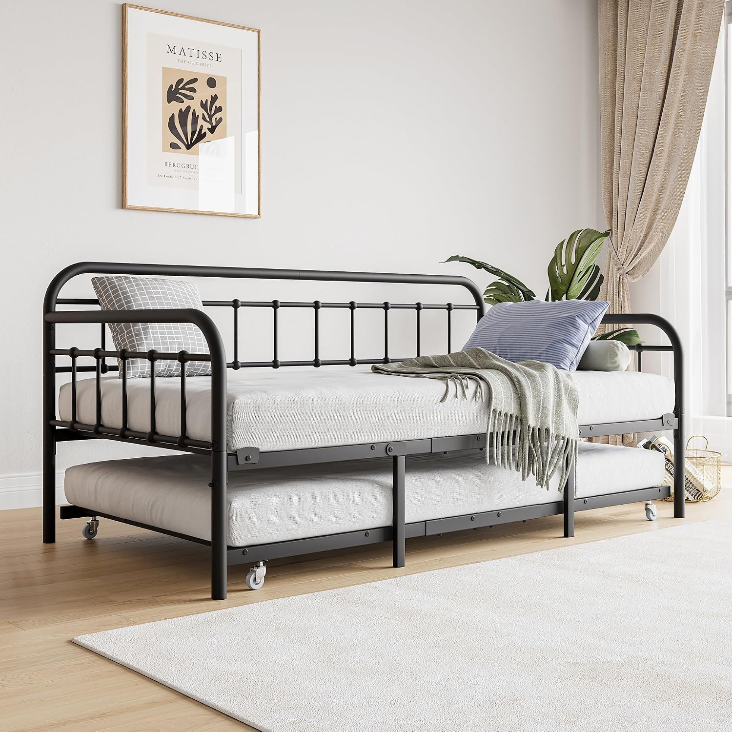 mikibama Twin Daybed with Trundle,Victorian Metal Daybeds with Pull Out Trundle,Vintage Guest Day Bed Frame Twin Size for Living Room,Bedroom,Apartment (Black with Trundle)