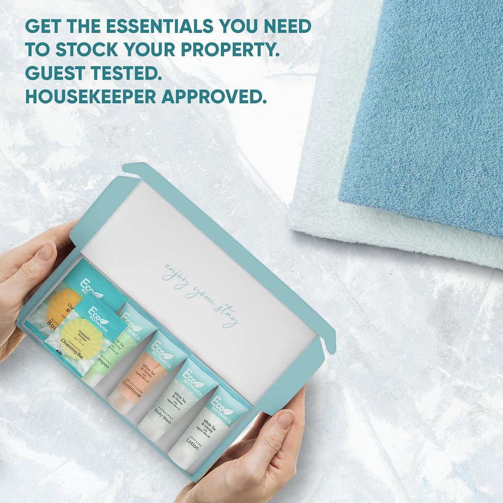 Terra Pure Eco Botanics Amenity & Accessory Kit | 0.85 oz Travel Size Shampoo, Conditioner, Lotion, Body Wash, Soap Bar, Shave & Dental Sets, Make-Up Remover Wipes, & Vanity Kit | 60 sets per case