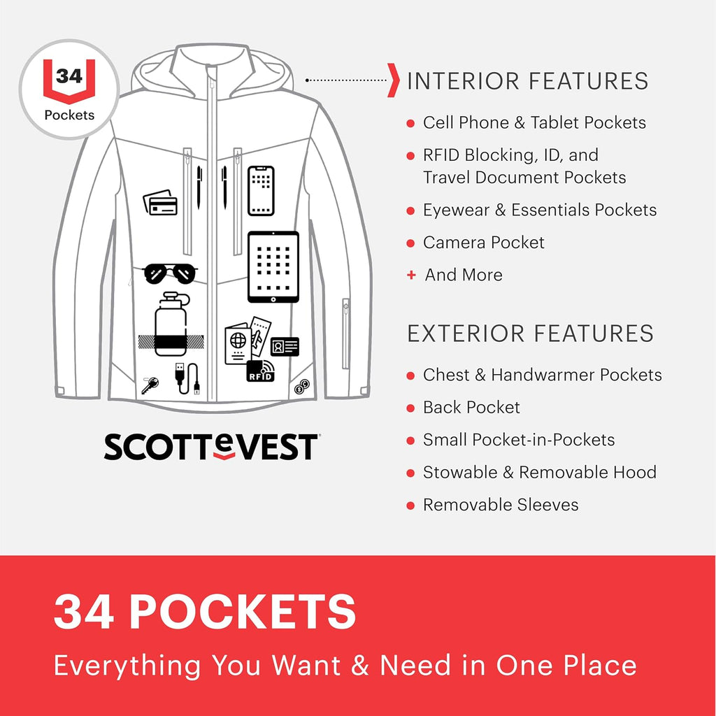 SCOTTeVEST Evorev Jacket for Men - 34 Hidden Pockets - RFID Protection, Removable Sleeves - Water Repellent Jacket for Travel