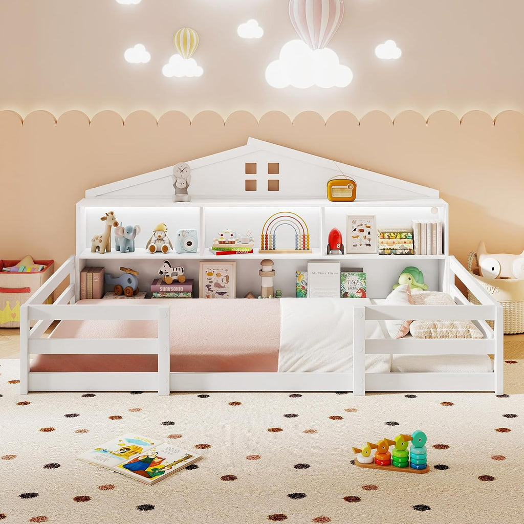 Giantex Twin Size Montessori Floor Bed with LED Lights, 2-in-1 Wooden House Bed Frame with Safety Guardrails, Storage Compartments & Shelf, No Box Spring Needed, Without Slats, White
