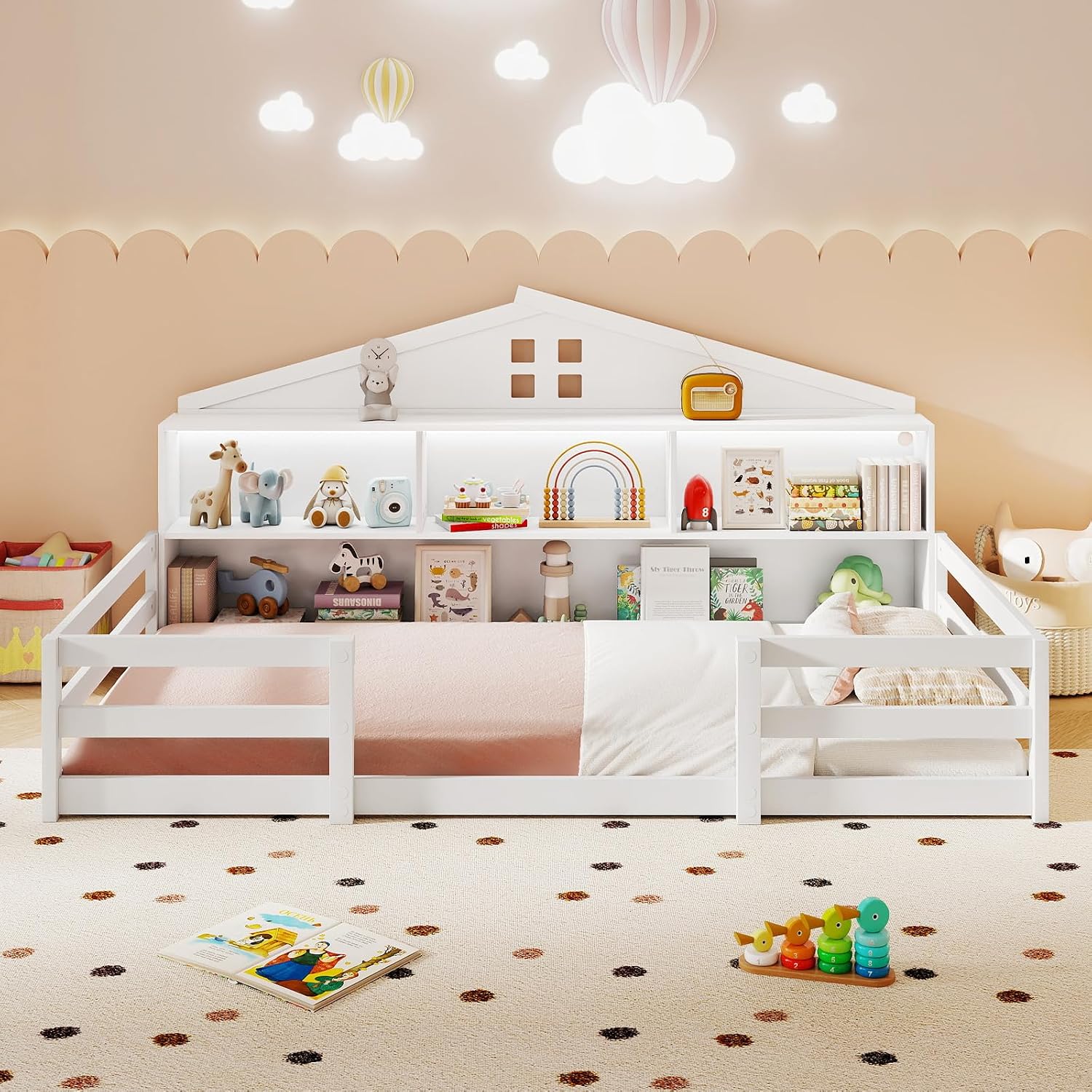 Giantex Twin Size Montessori Floor Bed with LED Lights, 2-in-1 Wooden House Bed Frame with Safety Guardrails, Storage Compartments & Shelf, No Box Spring Needed, Without Slats, White