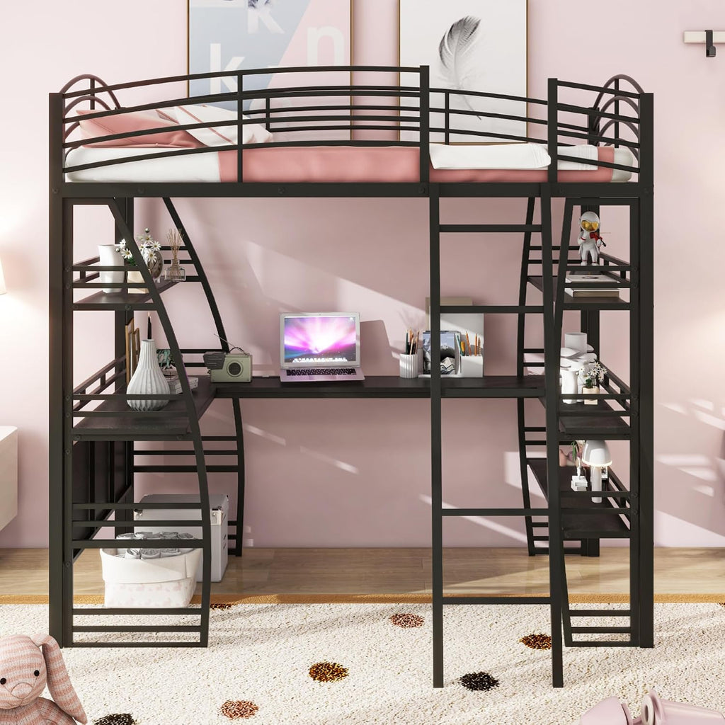 Metal Twin Size Loft Bed with 4 Layers of Shelves and L-Shaped Desk,a Set of Sockets, USB Ports and Wireless Charging,for Kids Teens Adults Bedroom (Twin, Black@Charging)