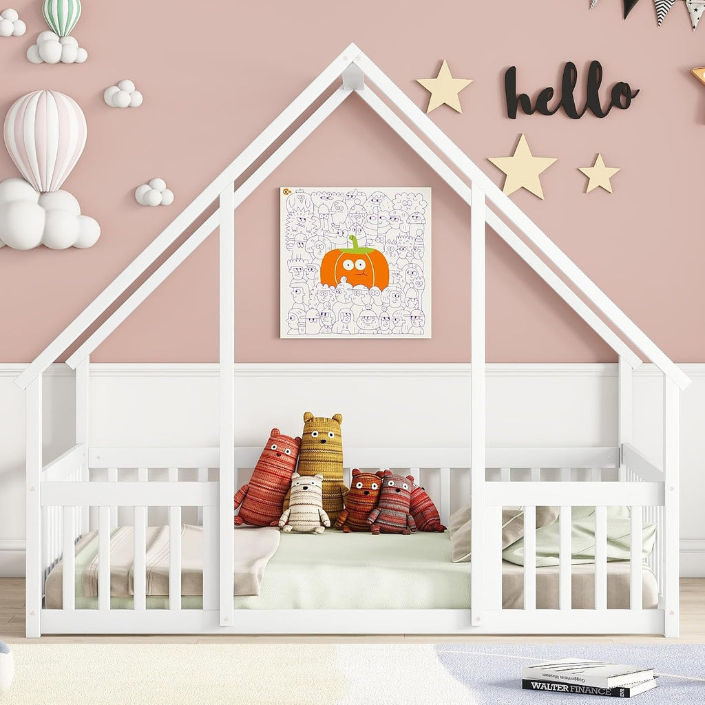 JIVOIT House Bed Full Size Floor Bed, Full Wood House-Shaped Floor Bed with Fence and Guardrails, Wood House Roof Frame, Montessori Floor Bed Frame (White-Full,129)