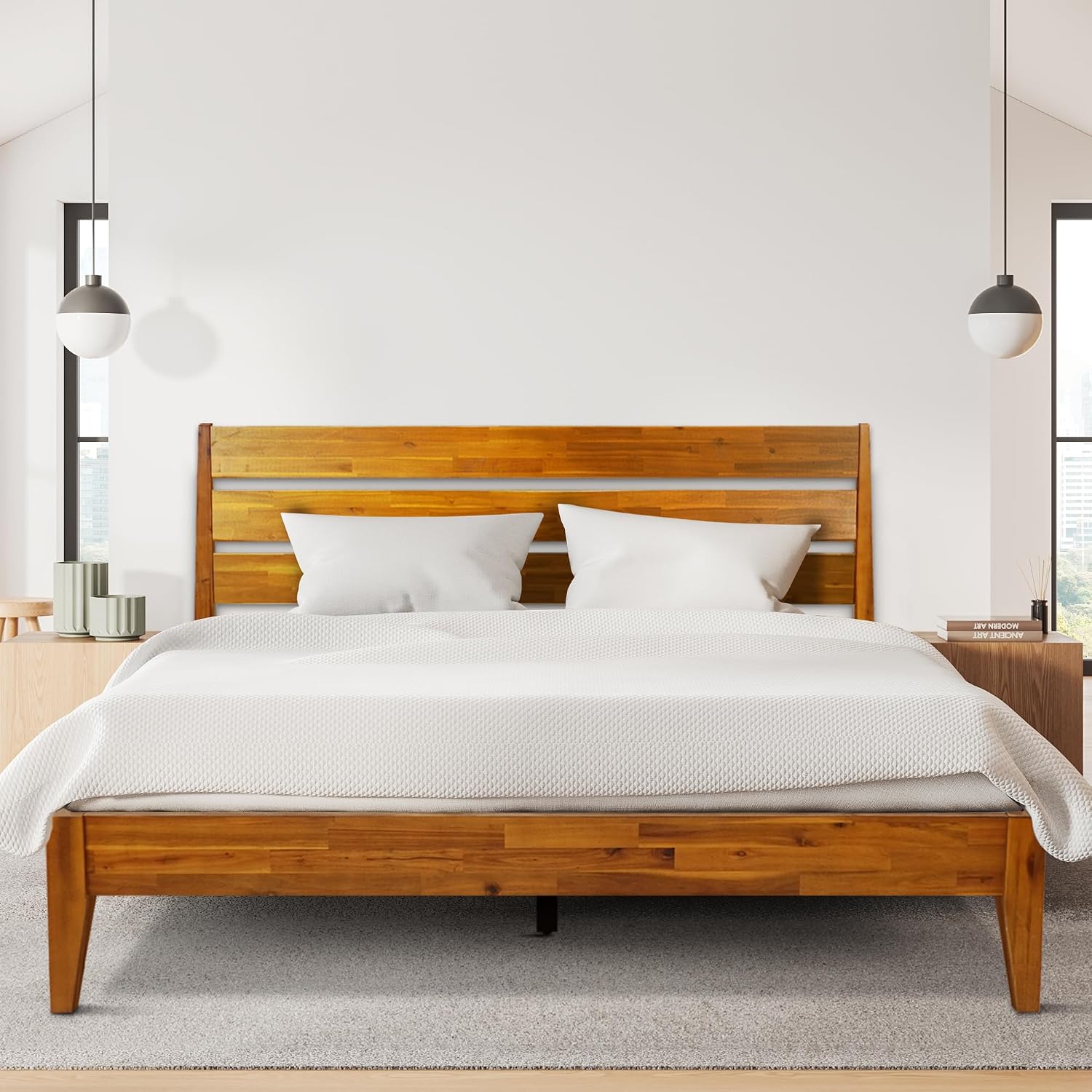Acacia Emery Bed Frame with Serena Nightstand Set – Solid Wood Bedroom Set, Modern Minimalist Design, Ton-Sur-Ton, Queen Size Bed, Caramel