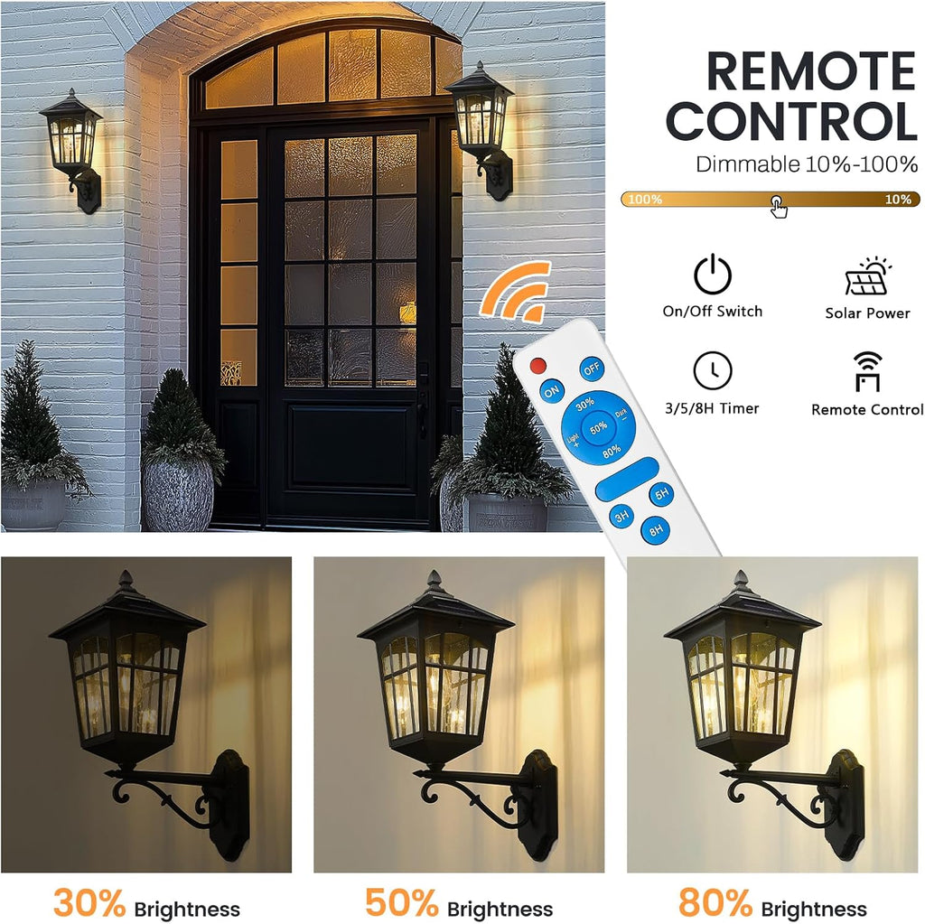 zeyu Solar Outdoor Front Porch Light, Large Outdoor Wall Mounted Light with Remote, Die-Cast Aluminum with Seeded Glass Shade, Black Finish, ZYX113B-M SL BK