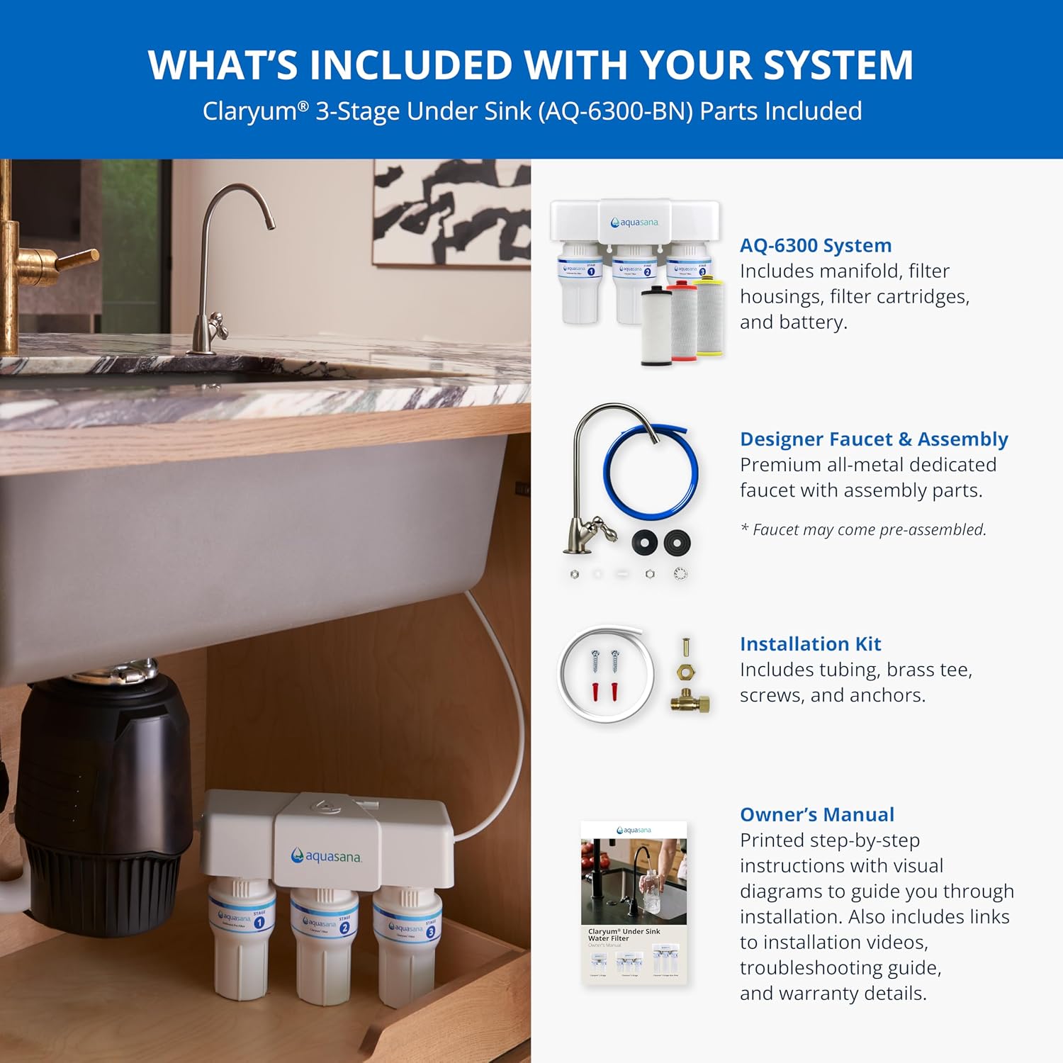 Aquasana Under Sink Water Filter | 3-Stage Filtration | Certified to Reduce up to 99.99% of PFAS, Lead, Chlorine, & More | Under Counter Drinking Water Filter | Brushed Nickel Faucet | AQ-6300-BN