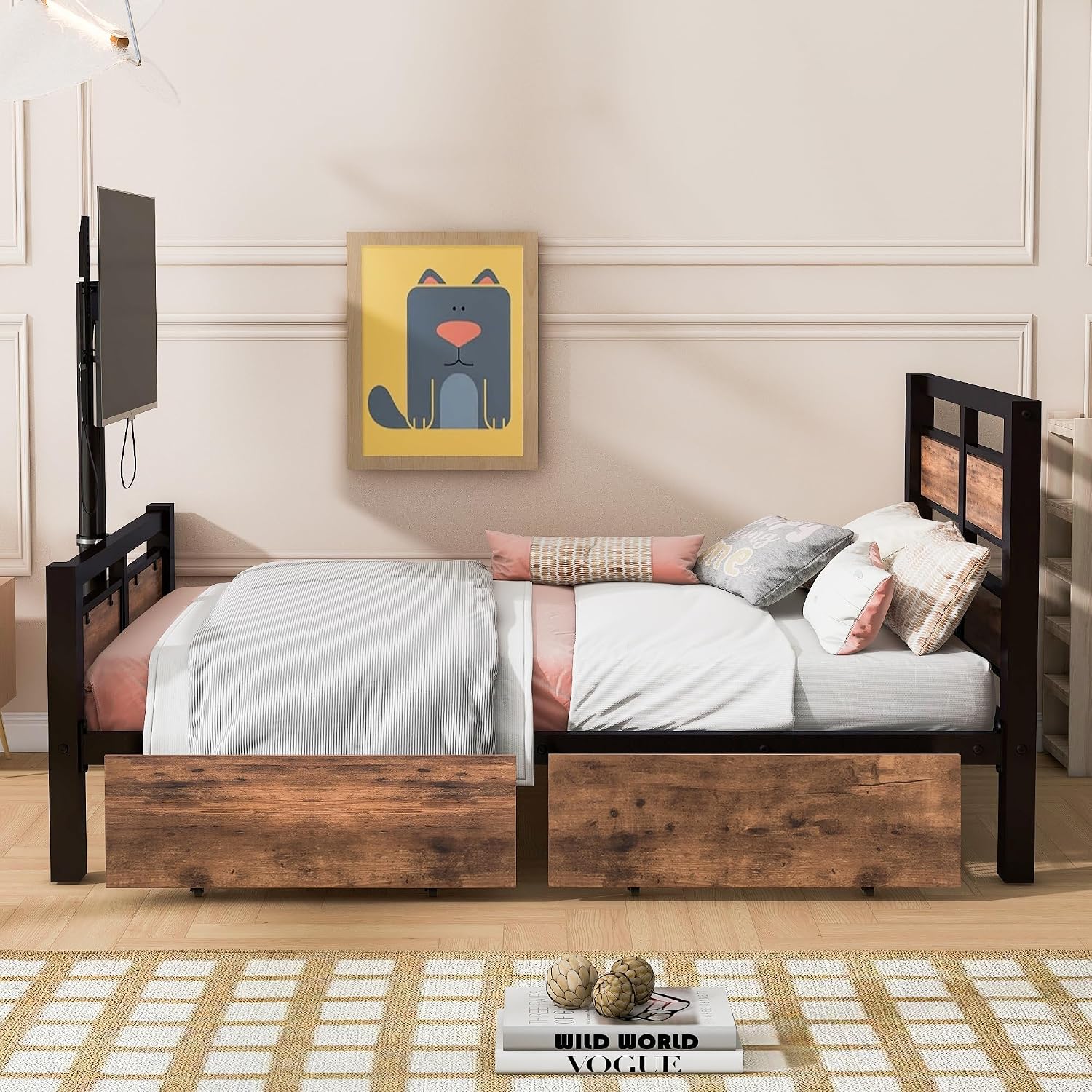 Twin Size Platform Bed with Two Storage Drawers and Rotatable TV Stand, Metal Bed Frame with MDF Headboard and Footboard, 14 Heavy-Duty Metal Sats, No Box Spring Needed (Black,Rotatable TV Stand)