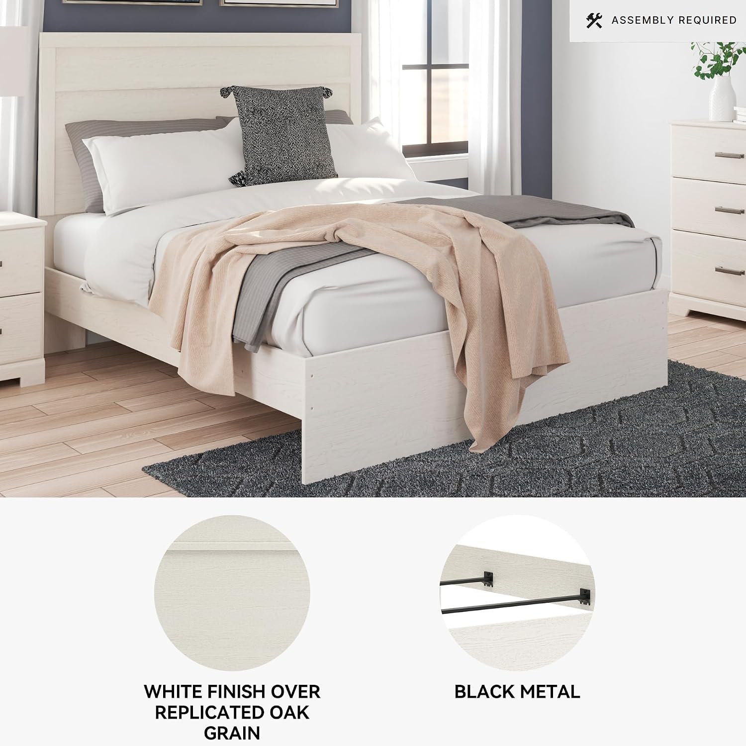 Signature Design by Ashley Stelsie Vintage Queen Panel Bed with Metal Slats, Foundation or Box Spring Needed, White