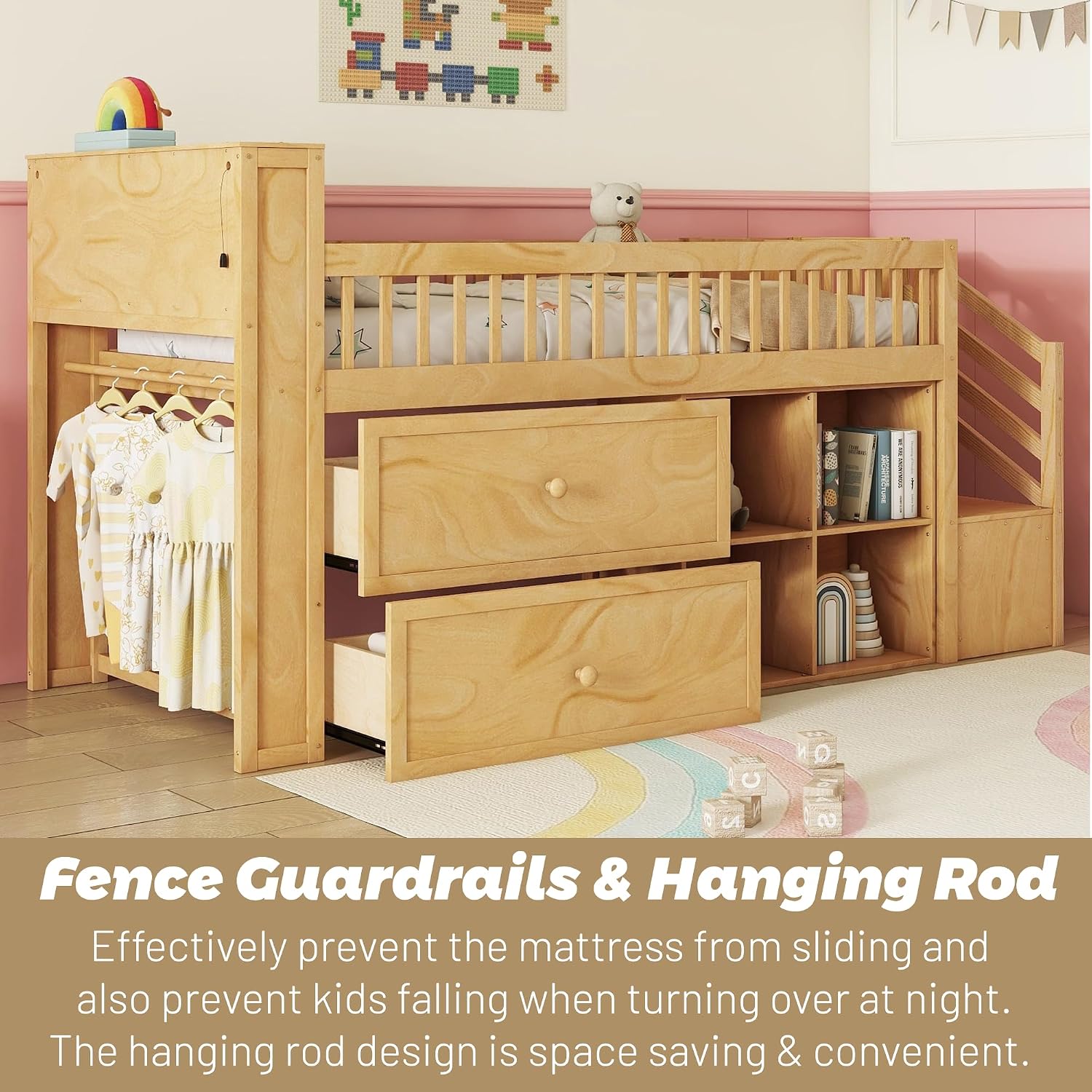 Low Loft Bed with LED Lights and Bookshelf, Wooden Kids Loft Bed with Stairs and Safety Guardrail, Low Loft Bed Twin with 2 Storage Drawers and Shelves for Girls Boys ,No Box Spring Needed, Natural