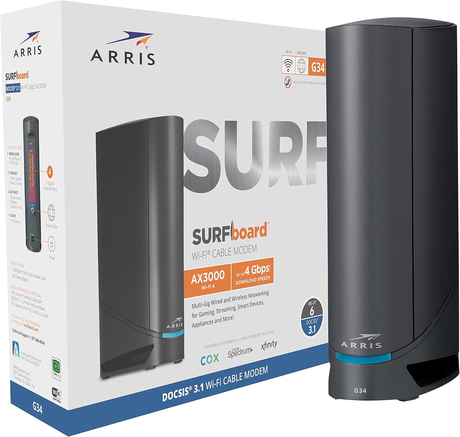 ARRIS Surfboard G34 DOCSIS 3.1 Gigabit Cable Modem & AX3000 Wi-Fi 6 Router, Approved for Cox, Spectrum, Xfinity & Others (Renewed) black
