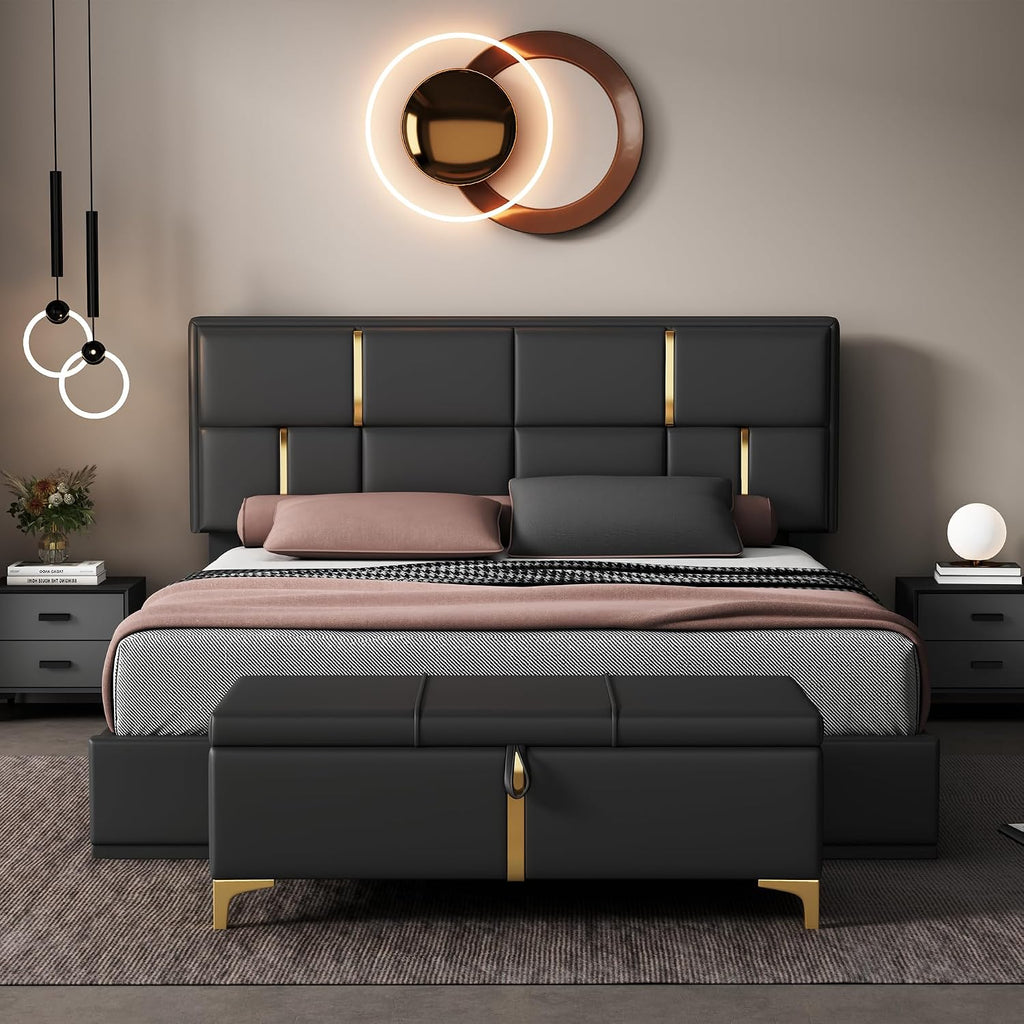 Queen Size Lift Up Storage Bed with Storage Ottoman, Queen Bed Frame with Tufted Headboard/Hydraulic Storage, 2-Pieces Queen Bedroom Sets, Easy Assembly, Pink(Black with Gold,Queen with Bench)