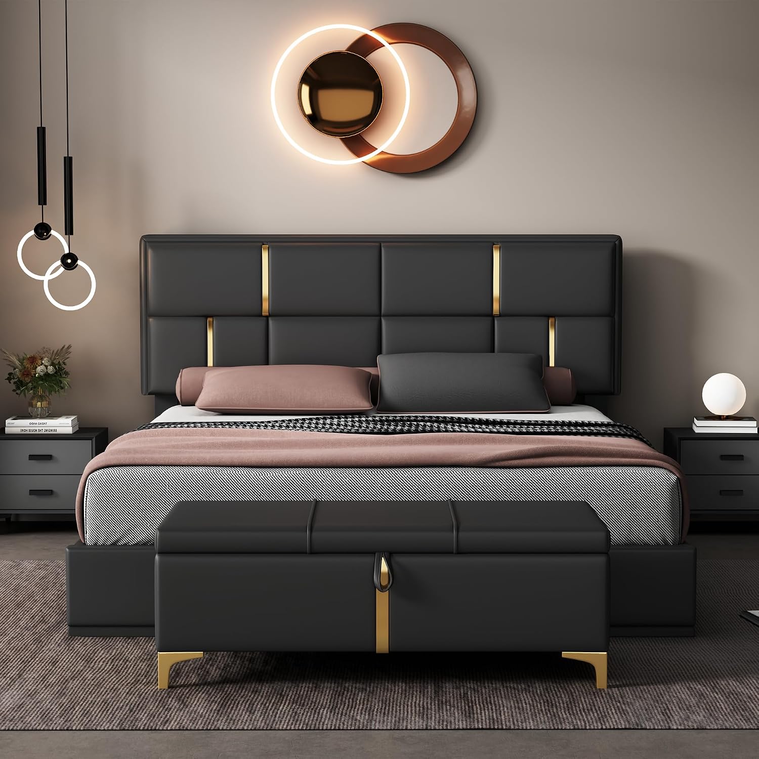 Queen Size Lift Up Storage Bed with Storage Ottoman, Queen Bed Frame with Tufted Headboard/Hydraulic Storage, 2-Pieces Queen Bedroom Sets, Easy Assembly, Pink(Black with Gold,Queen with Bench)