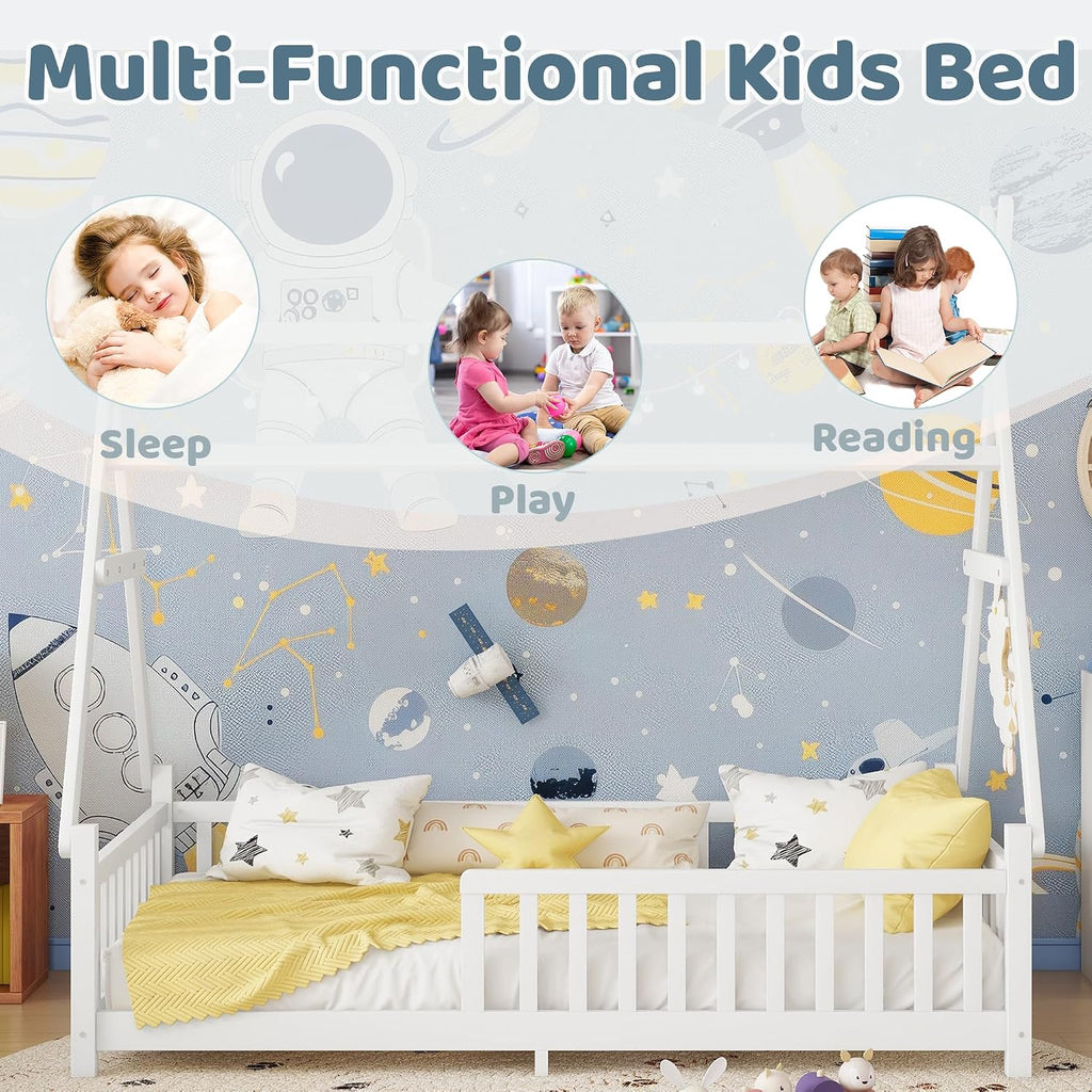 Twin Montessori Kids Floor Bed with Rails and LED Light, Low Twin Beds Frame with Fence and Removable Roof, Wood Montessori Floor Bed Frame for Kids, Girls, Boys, White