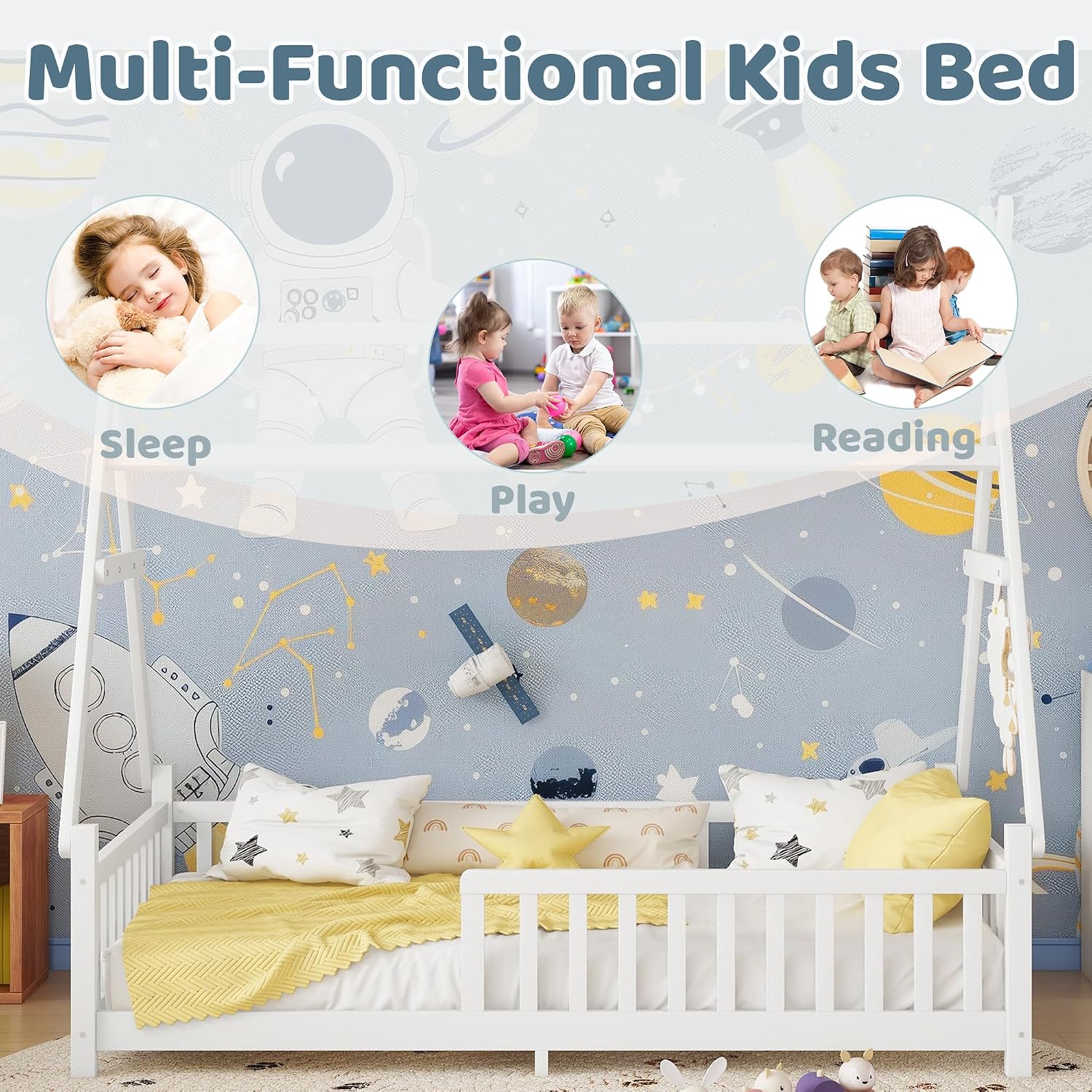 Twin Montessori Kids Floor Bed with Rails and LED Light, Low Twin Beds Frame with Fence and Removable Roof, Wood Montessori Floor Bed Frame for Kids, Girls, Boys, White