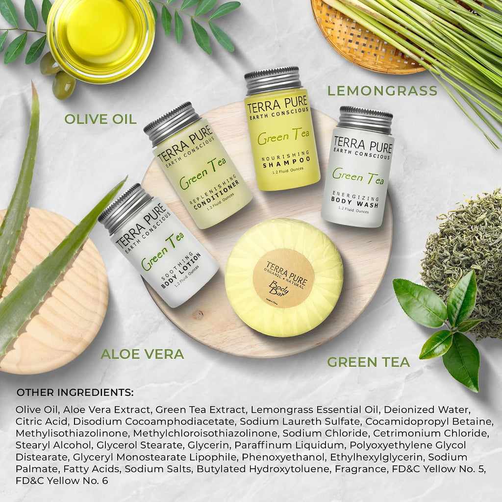 Terra Pure Hotel Soaps & Toiletries Bulk Set | 1-Shoppe Amenities Kit | 1oz Shampoo & Conditioner, Body Wash, Lotion, 1.25oz Bar Soap | Travel Size | 300 Pieces