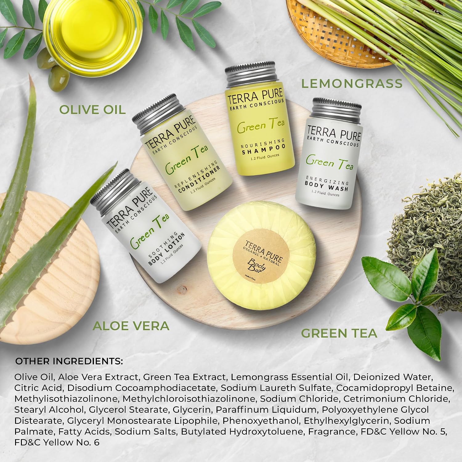Terra Pure Hotel Soaps & Toiletries Bulk Set | 1-Shoppe Amenities Kit | 1oz Shampoo & Conditioner, Body Wash, Lotion, 1.25oz Bar Soap | Travel Size | 300 Pieces