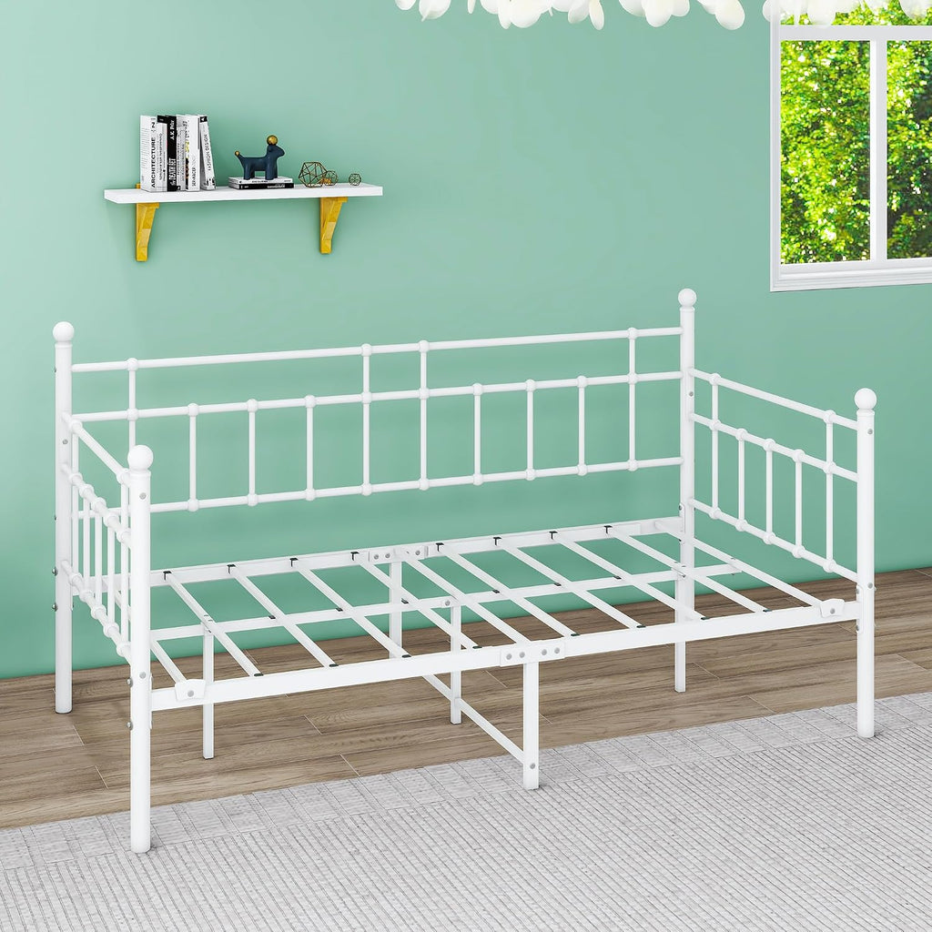 HOMERECOMMEND Metal Daybed Frame Steel Slats Platform Base Box Spring Replacemen Bed Sofa for Living Room Guest Room (Twin, White).