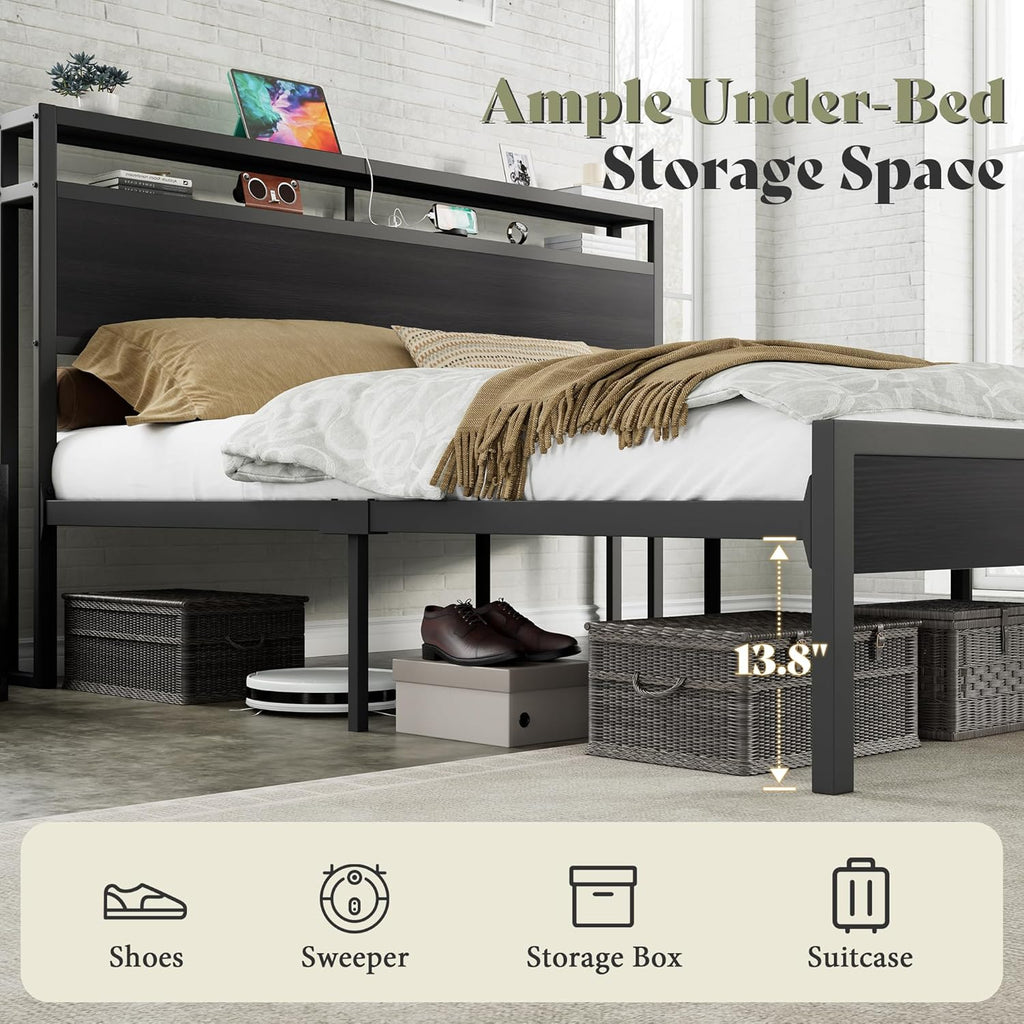 AMERLIFE King Size Bed Frame with Storage Headboard & Charging Station, Industrial Metal Platform Bed with Large Under-Bed Storage, Heavy Duty Slats, No Box Spring Needed, Black
