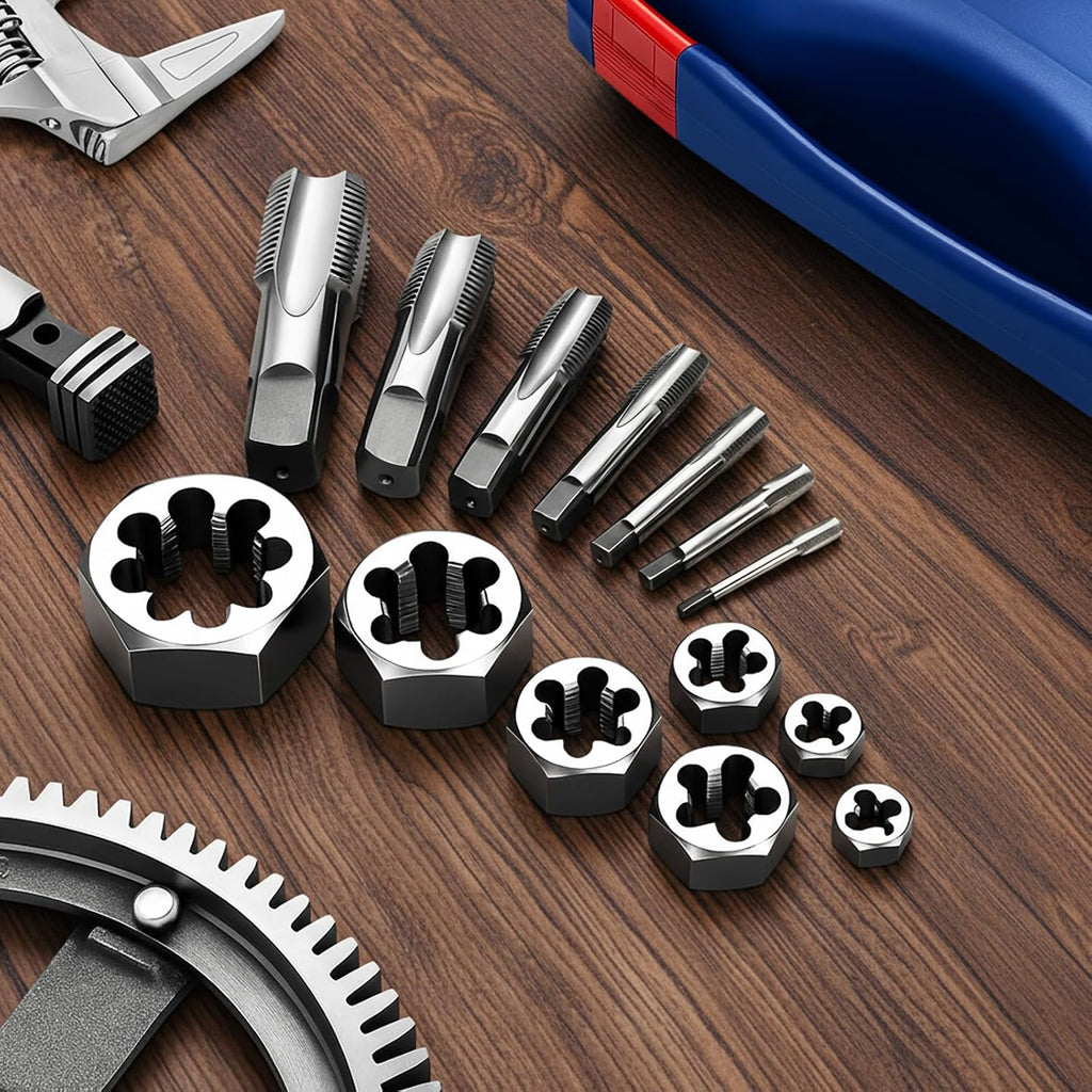 NPT Tap and Die Set, 14 Pcs 1/8' to 1' Pipe Threading Cutting Tool Rethreading High-Speed Steel Taper Taps and Carbon Steel Hex Dies with Storage Case for Thread Repair and Cutting