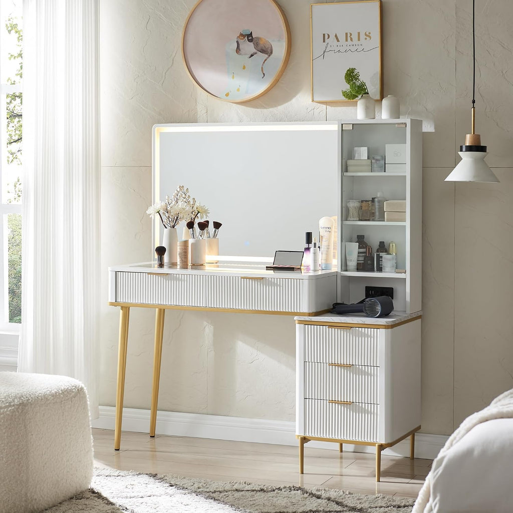 T4TREAM Fluted Makeup Vanity Desk with 36' HD Lighted Mirror, 48' Big Modern Vanity Desk with Mirror and Lights, Dressing Table with 5 Drawers & Shelves, Glass Top for Bedroom (Off White)
