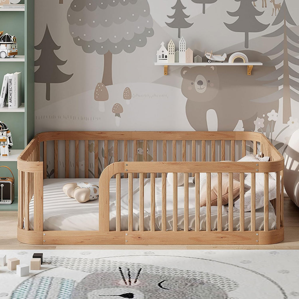 Full Size Wood Floor Bed with Fence, Playful Design Montessori Floor Bed with Guardrail, Without Slats, Easy Assembly (Natural//Full,124)