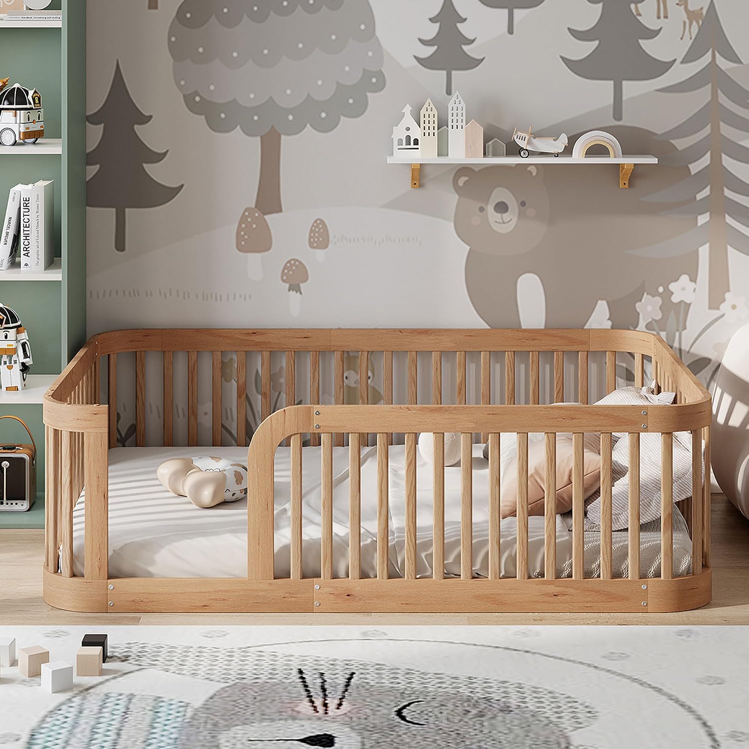 Full Size Wood Floor Bed with Fence, Playful Design Montessori Floor Bed with Guardrail, Without Slats, Easy Assembly (Natural//Full,124)