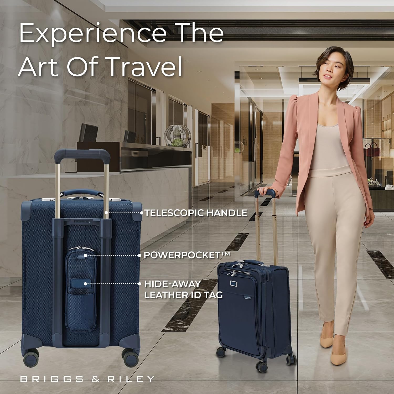 Briggs & Riley Global 21' Carry On Expandable Spinner - Luggage for International Travel, Suitcases with Wheels, Softside Rolling Bag for Men & Women, Self-Repairing Zipper - Baseline Collection, Navy