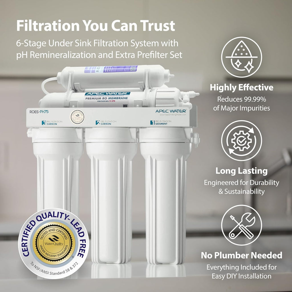 APEC Water ROES-PH75X 6-Stage Alkaline Under Sink Reverse Osmosis Water Filter System, NSF Cetified 372 & 58, 75 GPD, with Extra High Capacity Pre-Filter Set Stage 1-3