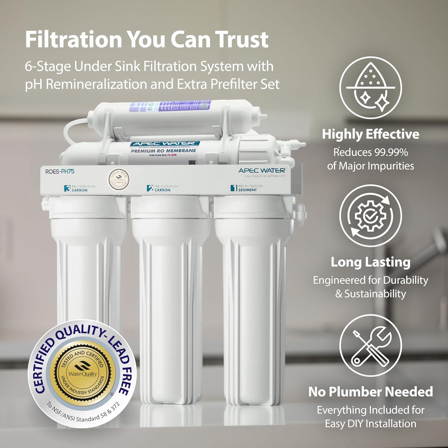 APEC Water ROES-PH75X 6-Stage Alkaline Under Sink Reverse Osmosis Water Filter System, NSF Cetified 372 & 58, 75 GPD, with Extra High Capacity Pre-Filter Set Stage 1-3