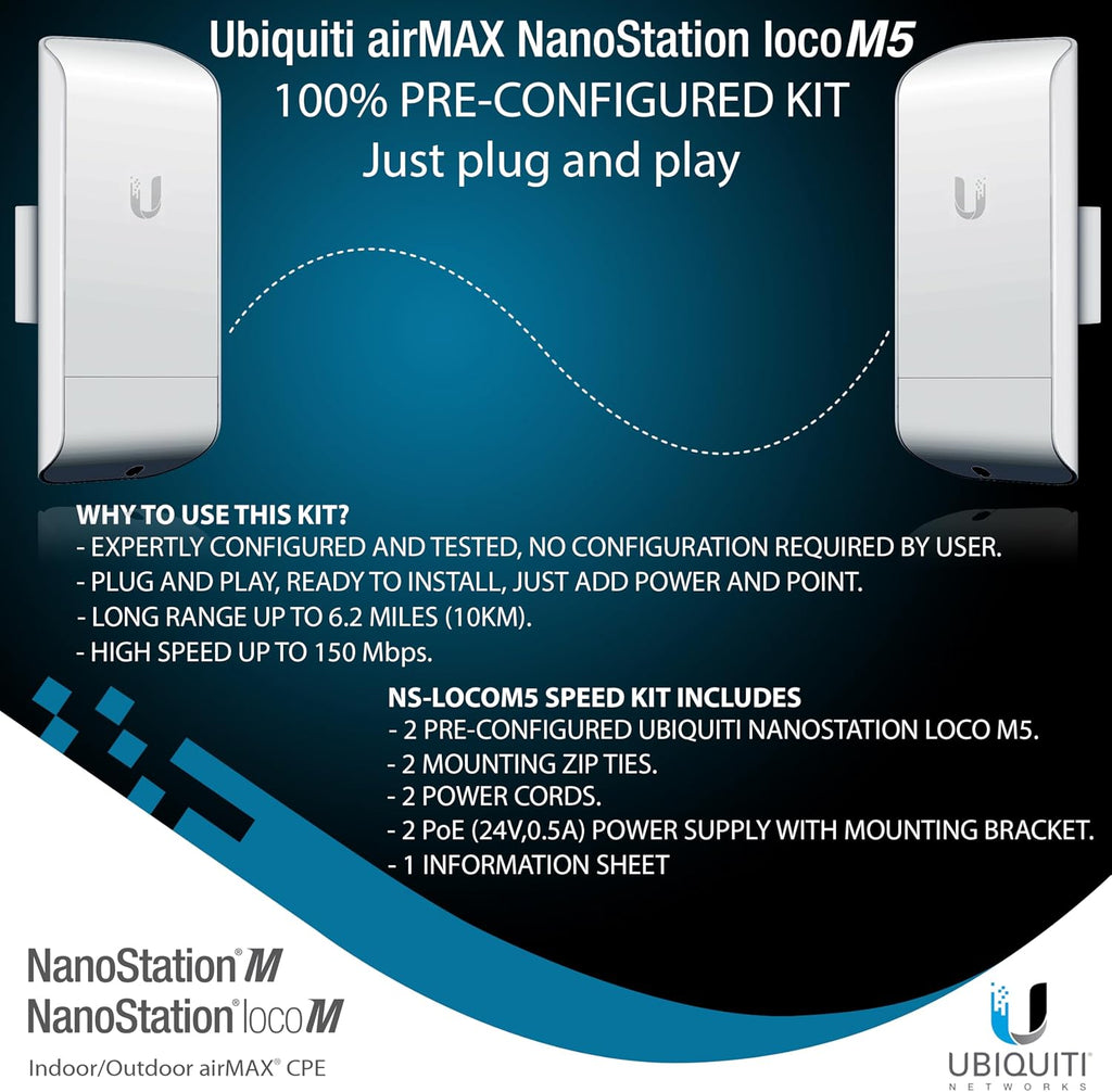 Wireless Bridge Ubiquiti LOCOM5 PRE-CONFIGURED, Bundle of 2 Ubiquiti Nanostation LOCO M5, Point to Point Outdoor WiFi Bridge, Plugh and Play, 5GHz, 150+Mbps, 10+km Link Range, Network Bridge.