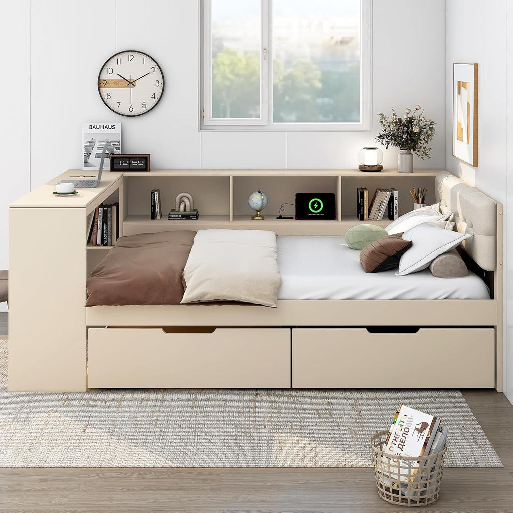 Full Size Platform Bed with Storage Shelves and Study Desk, Wood Daybed Frame with Upholstered Headboard and 2 Drawers for Office/Living Room/Bedroom, Maximize Space