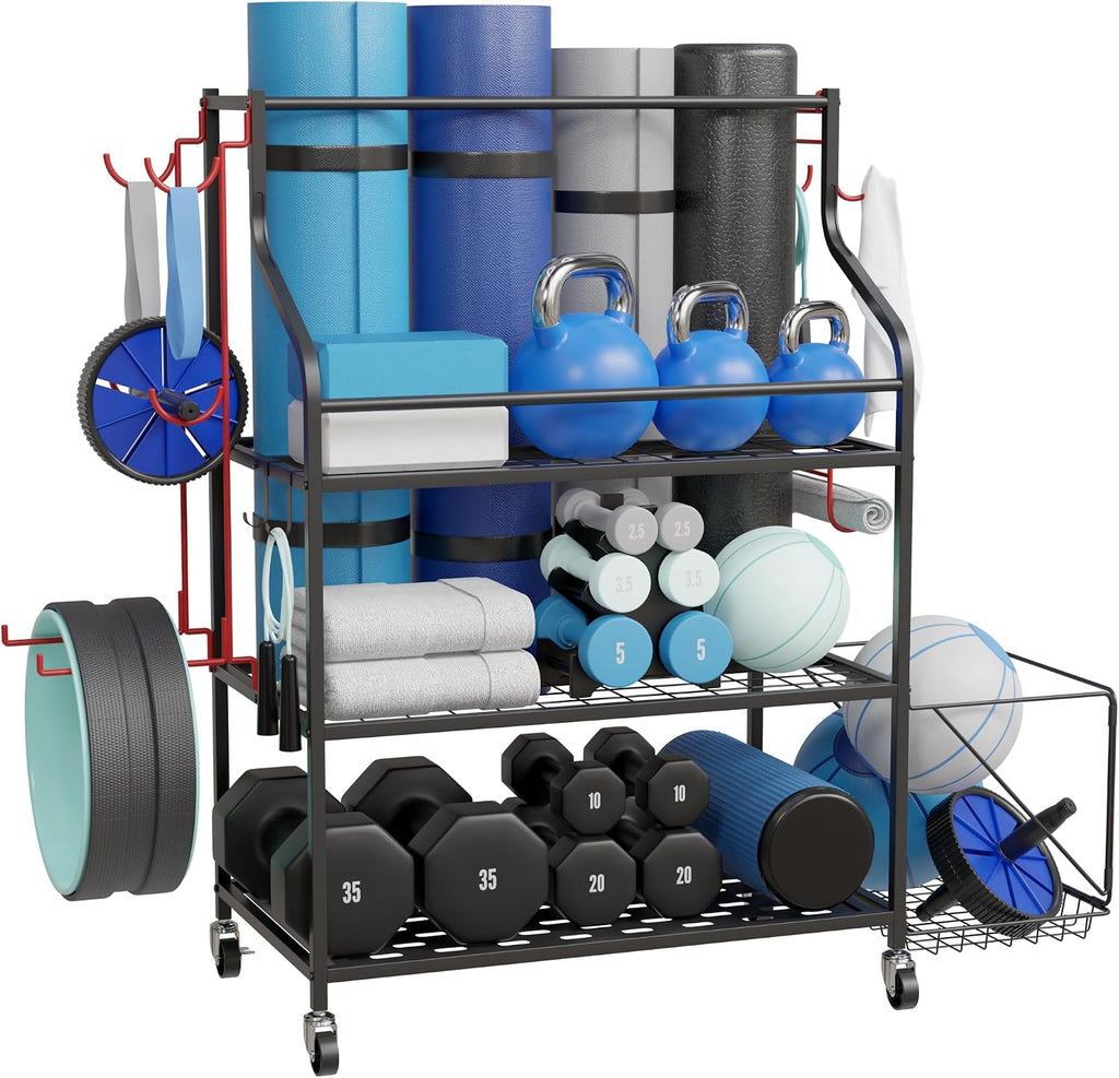 Cascina Home Gym Storage Rack - Weight Rack for Dumbbells, Kettlebells, Foam Roller, Resistance Bands and Yoga Mat Storage Holder - Exercise Workout Equipment Storage Organizer with Hooks and Wheels