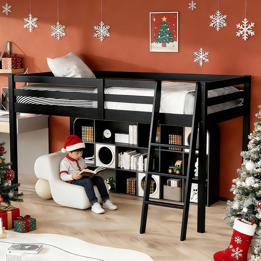 VINGLI Junior Low Loft Bed with Stairs, 47 Inches High Sleeper Bed Full Size for Adults, Kids and Young Teens, No Box Spring Required, Solid Wood Slat Support, Black