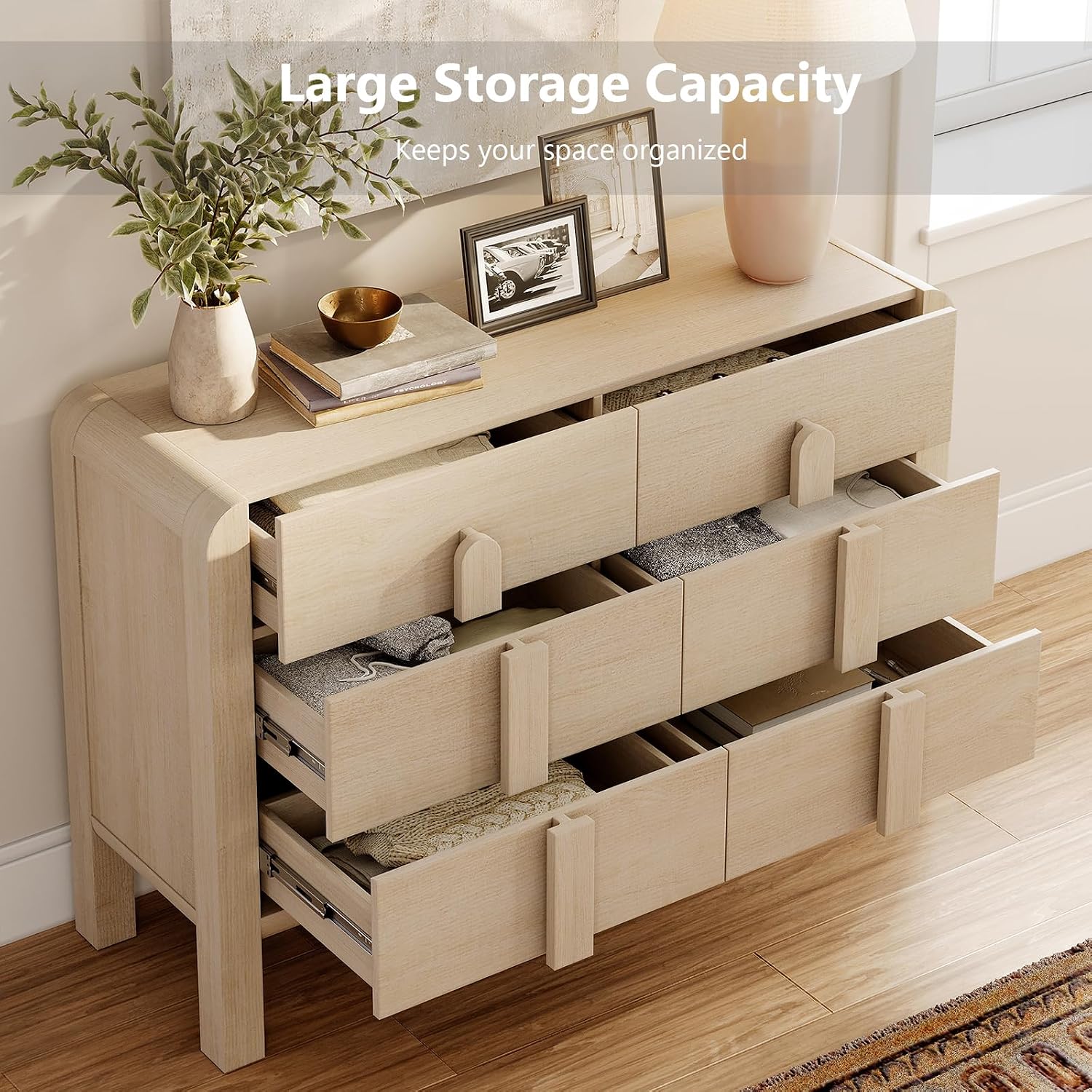 WAMPAT 3 Piece Bedroom Dresser Set, 110.2' Wide Mid Century Modern Chest of Drawers with Curved Handles, Dresser TV Stand with 12 Drawers, Wood Drawer Organizer for Bedroom, Light Oak