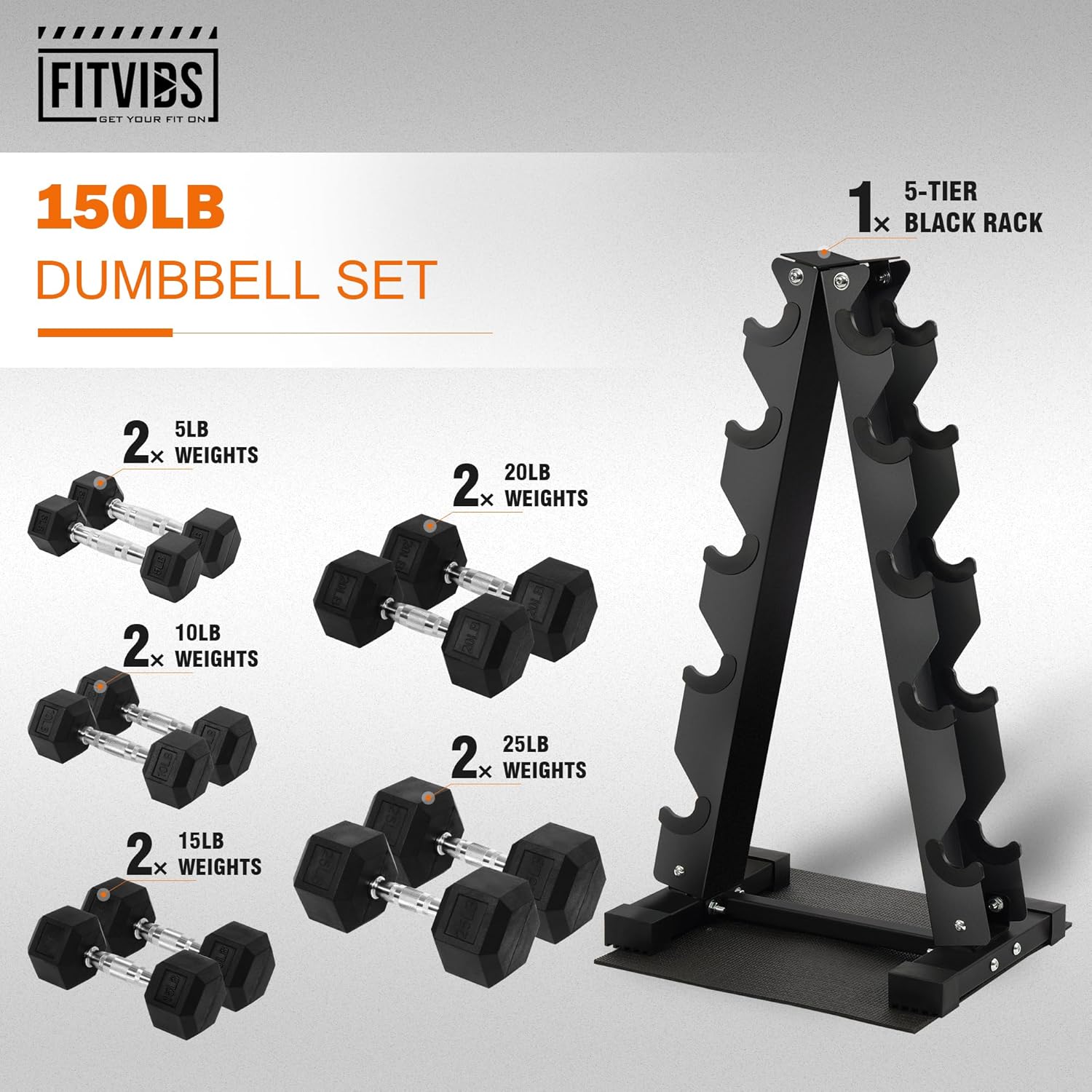 Fitvids Dumbbell Set with Rack â€' Dumbbell + A-Rack: 150LBS Set â€' Black