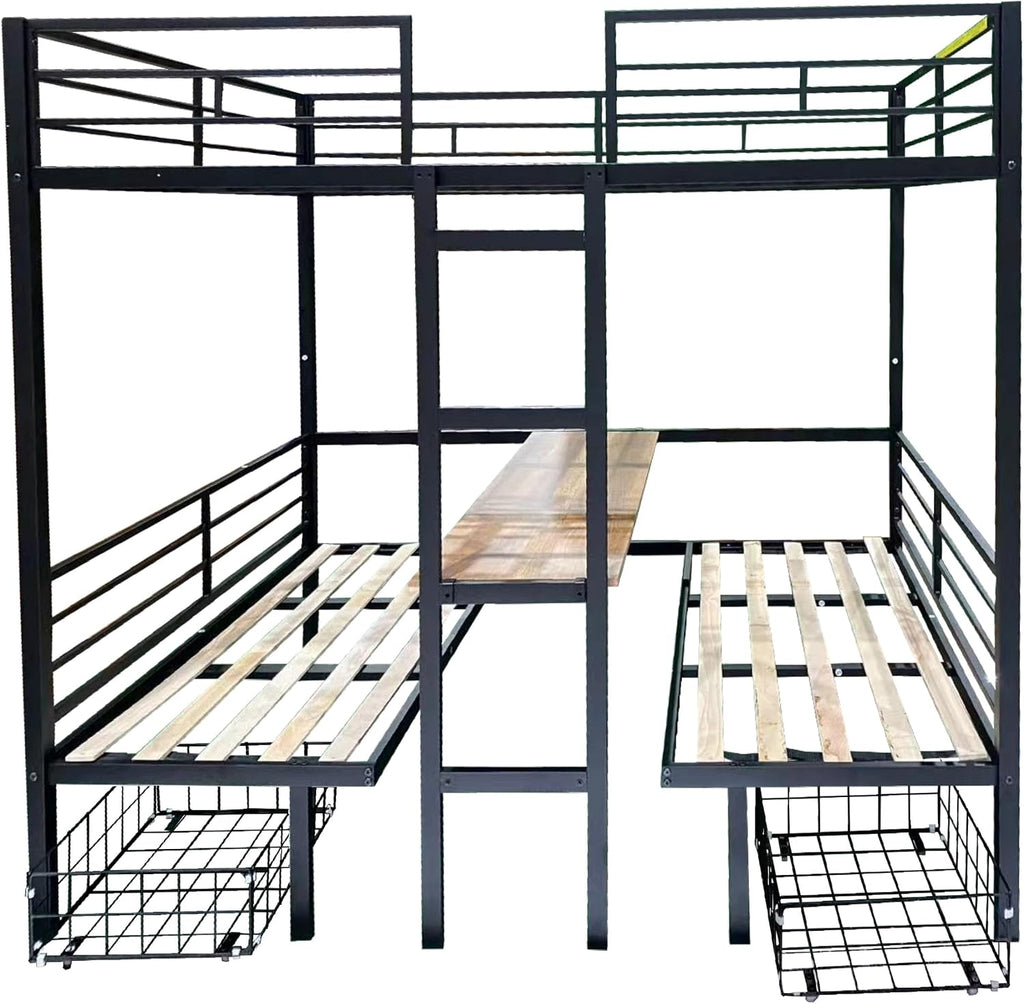 Full Size Loft Bed with Desk & Storage: Metal Bunk Bed with Study Table & Drawers - Space Saving Kids Bedroom Furniture for Siblings Shared Room