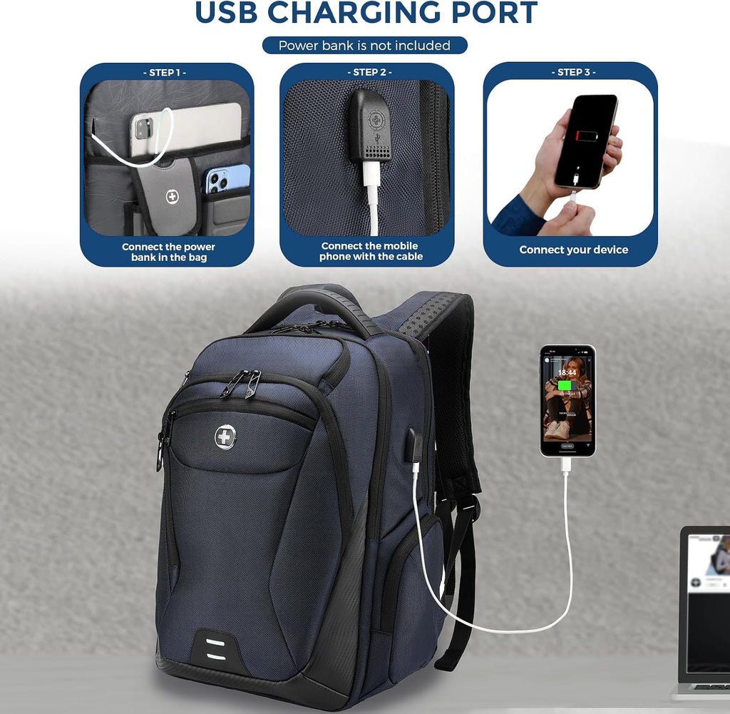Swissdigital Design Men's Laptop Backpack for College and Business Travel with Integrated USB Charging Port and RFID Protection Fits Laptops up to 15.6 inch, Blue | SD1695-12