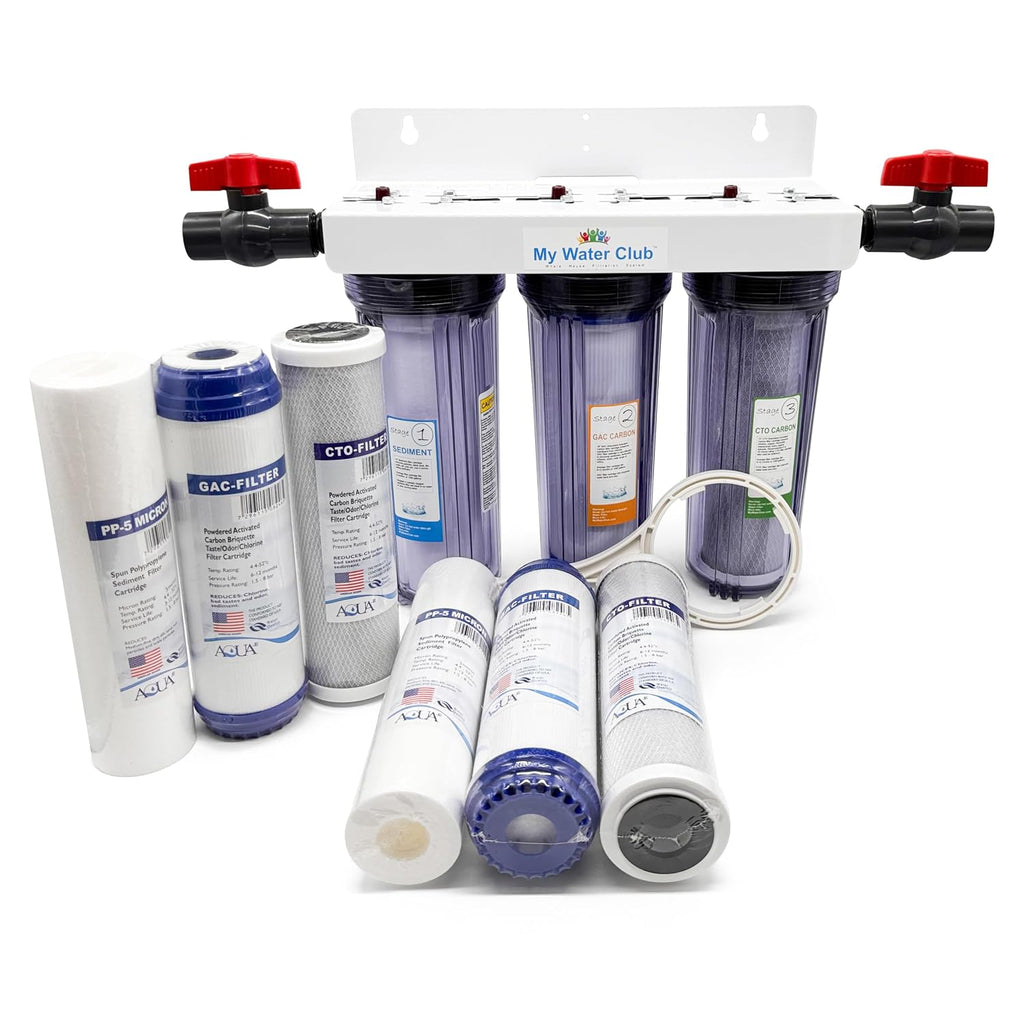 Whole House 3-Stage Water Filtration System, 3/4' port with 2 valves and extra 1 year filter supply (2 sets, 6 pcs)