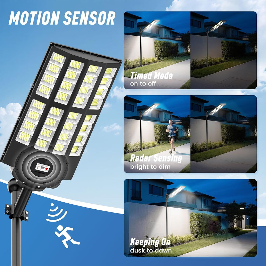 Solar Street Light 2 Pack, 9000W Solar Street Lights Outdoor Waterproof, Solar Parking Lot Lights with Remote Control & Motion Sensor, Pole or Wall Mount, for Commercial Yard Driveway Barn
