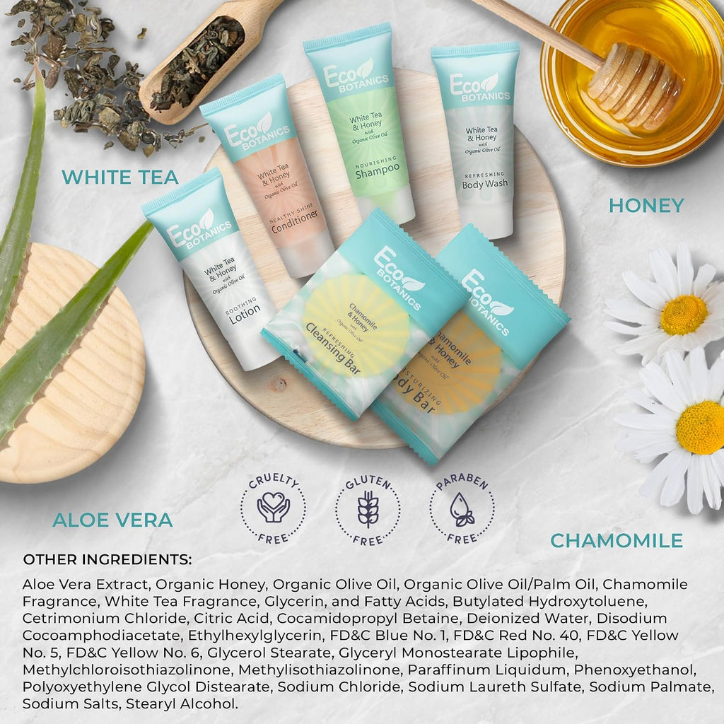 Terra Pure Eco Botanics Amenity & Accessory Kit | 0.85 oz Travel Size Shampoo, Conditioner, Lotion, Body Wash, Soap Bar, Shave & Dental Sets, Make-Up Remover Wipes, & Vanity Kit | 60 sets per case