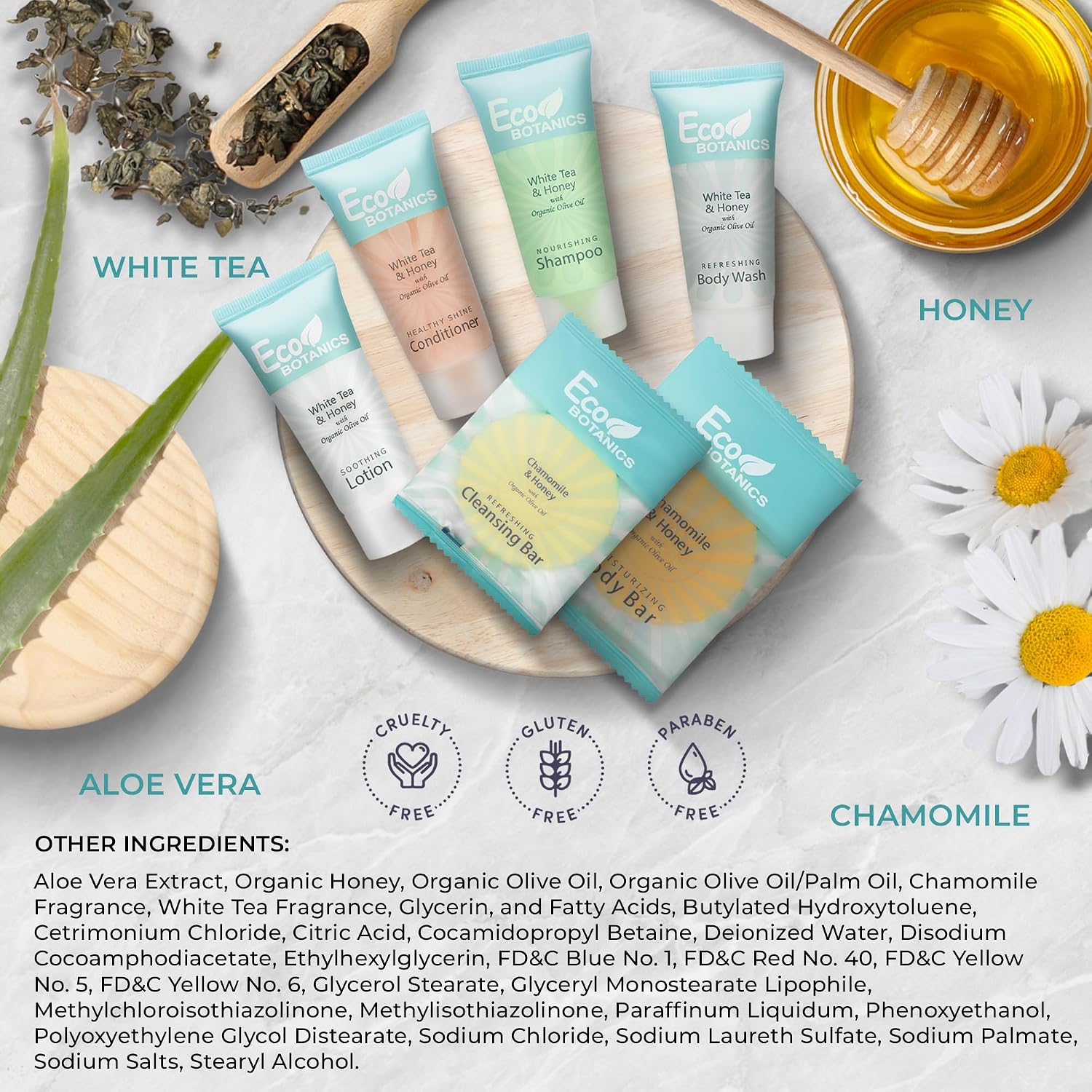 Terra Pure Eco Botanics Amenity & Accessory Kit | 0.85 oz Travel Size Shampoo, Conditioner, Lotion, Body Wash, Soap Bar, Shave & Dental Sets, Make-Up Remover Wipes, & Vanity Kit | 60 sets per case