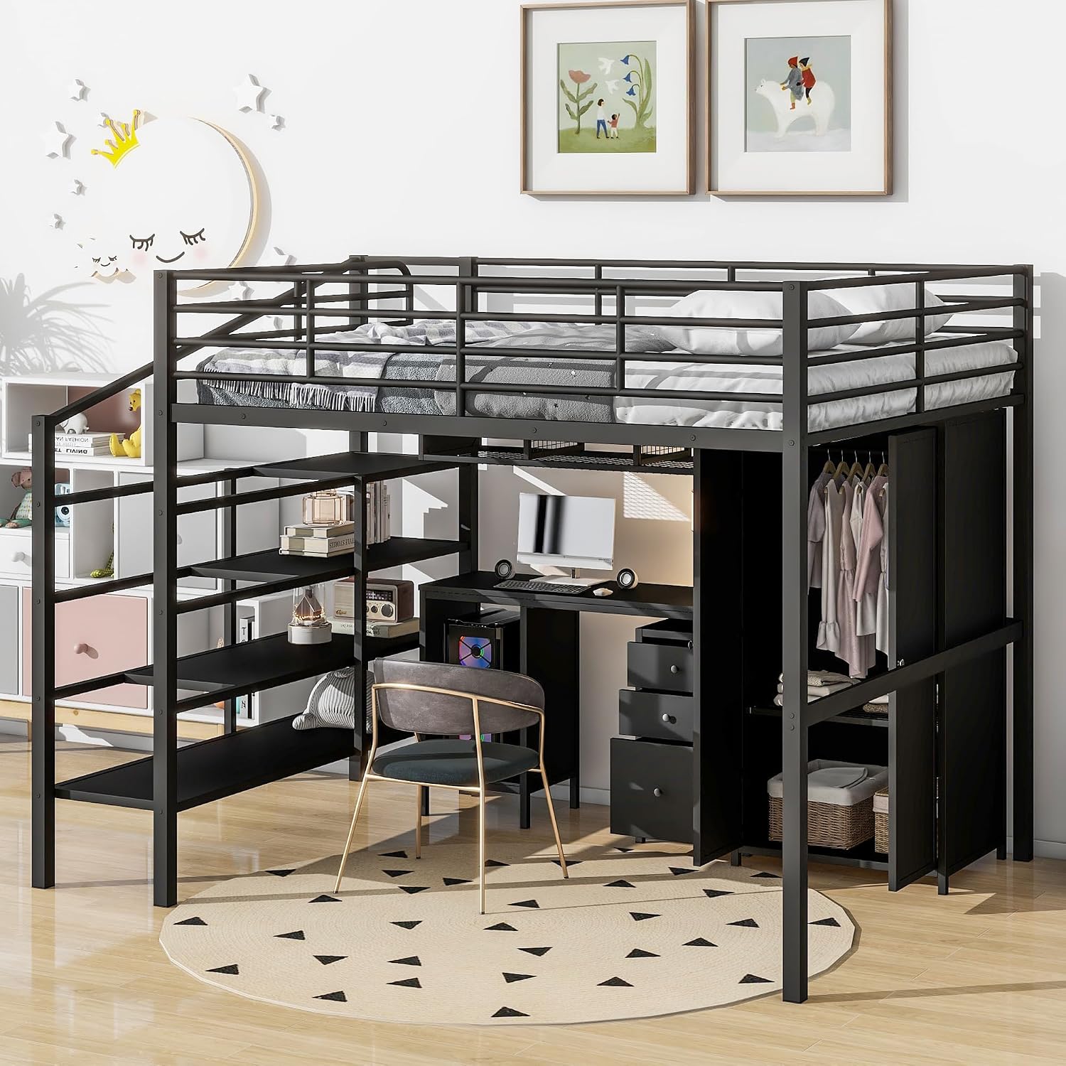 JIVOIT Metal Loft Bed Frame with Table Set, Full Size Storage Loft Bed with Wardrobe and 4-Layers Ladder, Full-Length Guardrails and Metal Slats Support, Space-Saving Bed Frame for Kids Teens