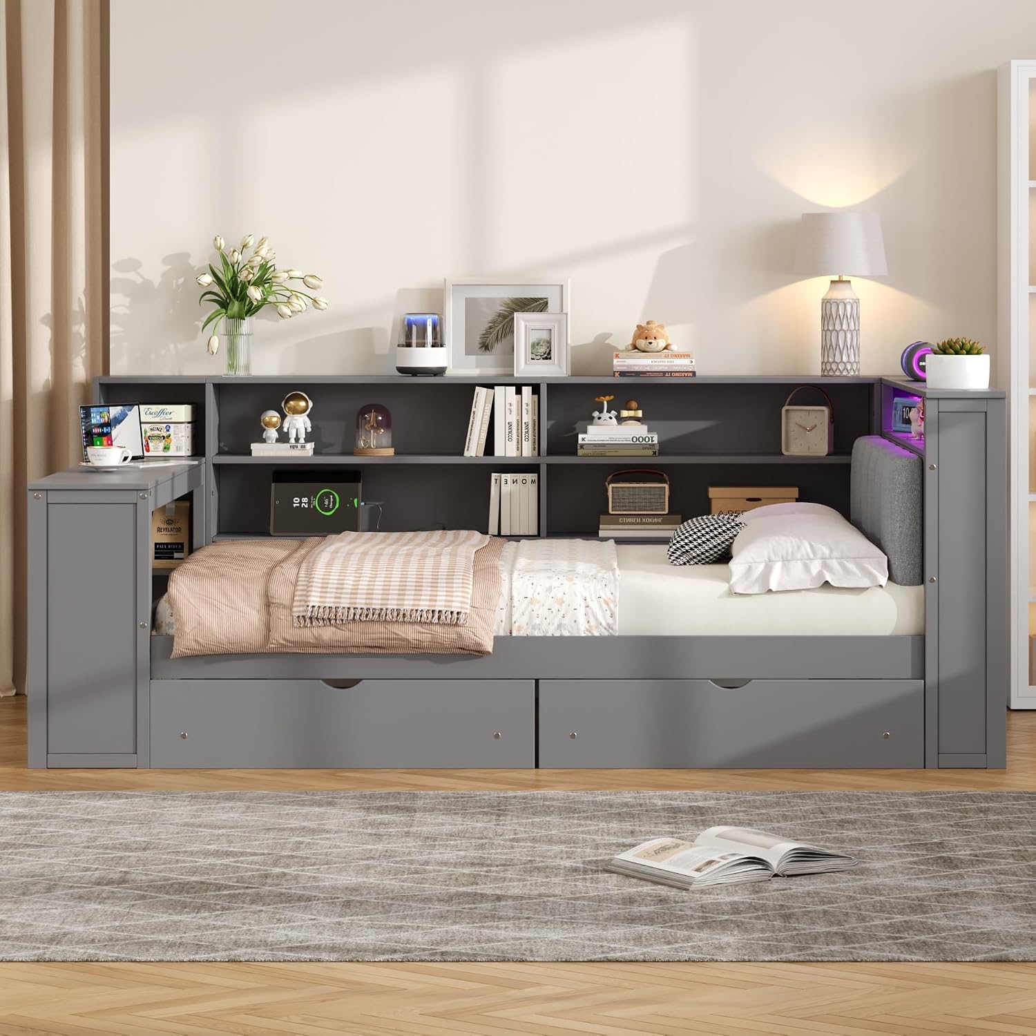 Full Size Platform Bed with Storage Shelves and Drawers, Solid Wood Daybed with Charging Station, LED, Desk and Upholstered Headboard for Living Room Bedroom (Grey-JU5)