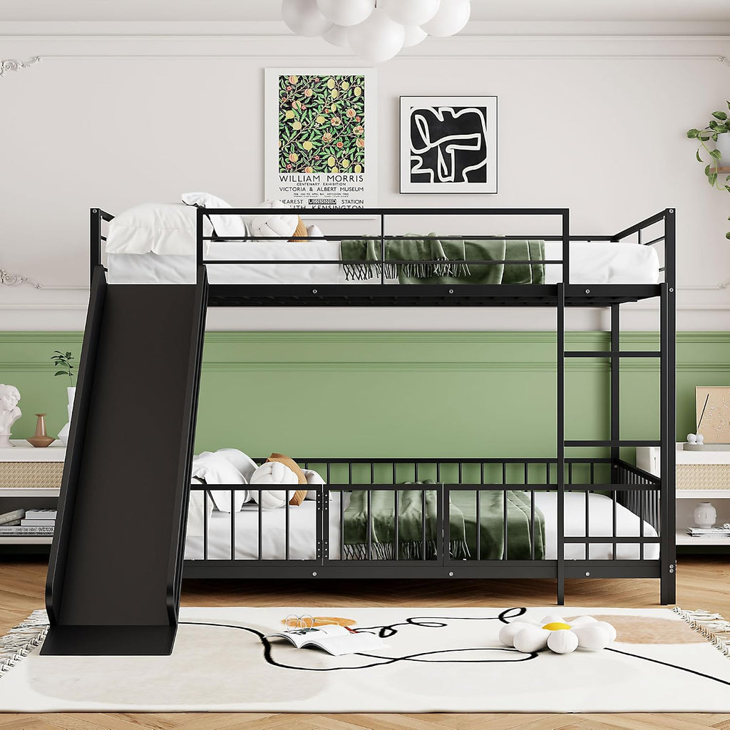 JIVOIT Metal Bunk Bed Frame with Slide and Ladder, Full Over Full Bunk Bed Size with Metal Slats Support, Full-Length Guardrail, Heavy Duty Metal Low Bunk Bed, No Box Spring Needed (Black,Full,09)