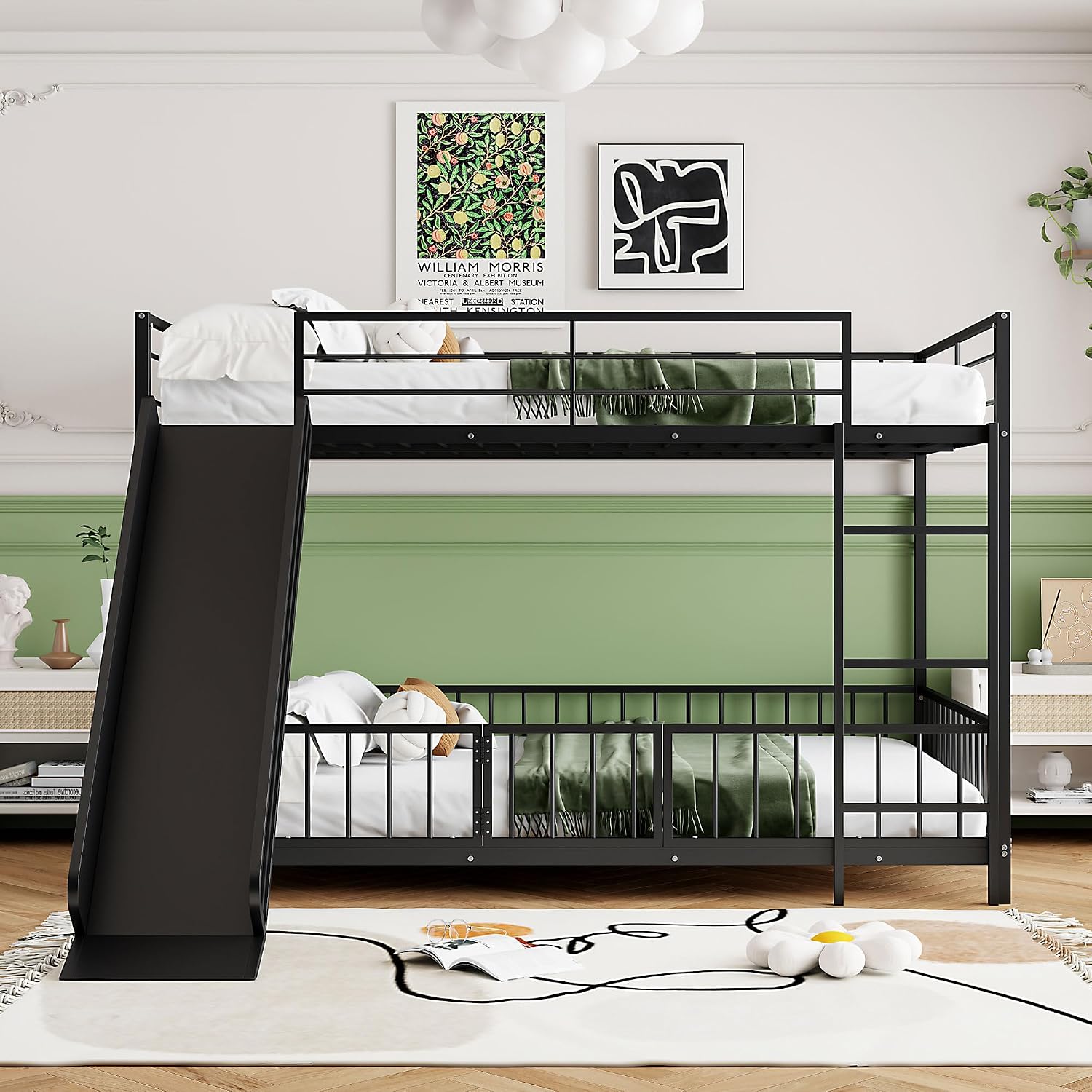 JIVOIT Metal Bunk Bed Frame with Slide and Ladder, Full Over Full Bunk Bed Size with Metal Slats Support, Full-Length Guardrail, Heavy Duty Metal Low Bunk Bed, No Box Spring Needed (Black,Full,09)